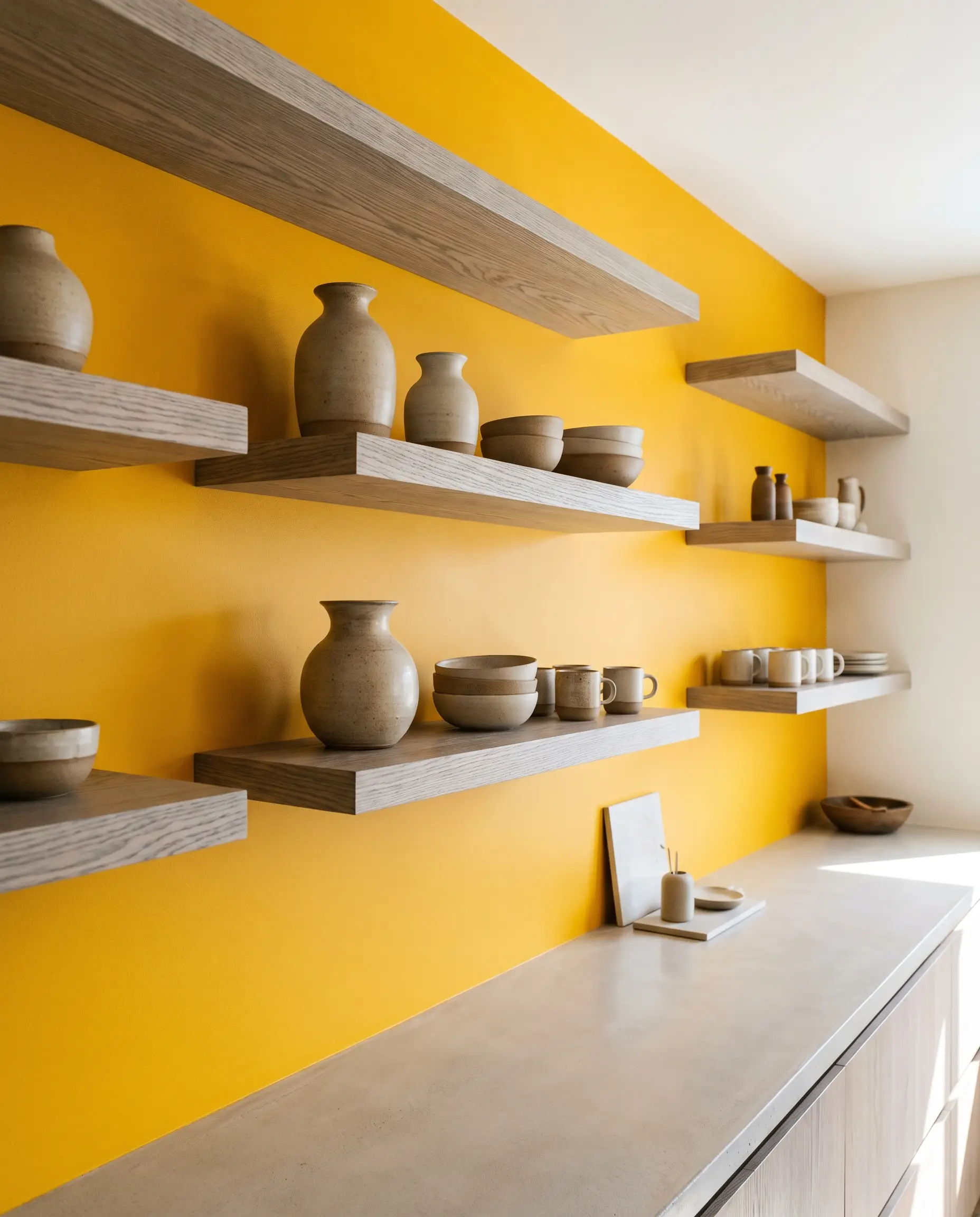 Two-inch thick floating rift-sawn white oak shelves styled with artisanal ceramic stoneware break up a saturated saffron wall over a sleek neutral countertop.