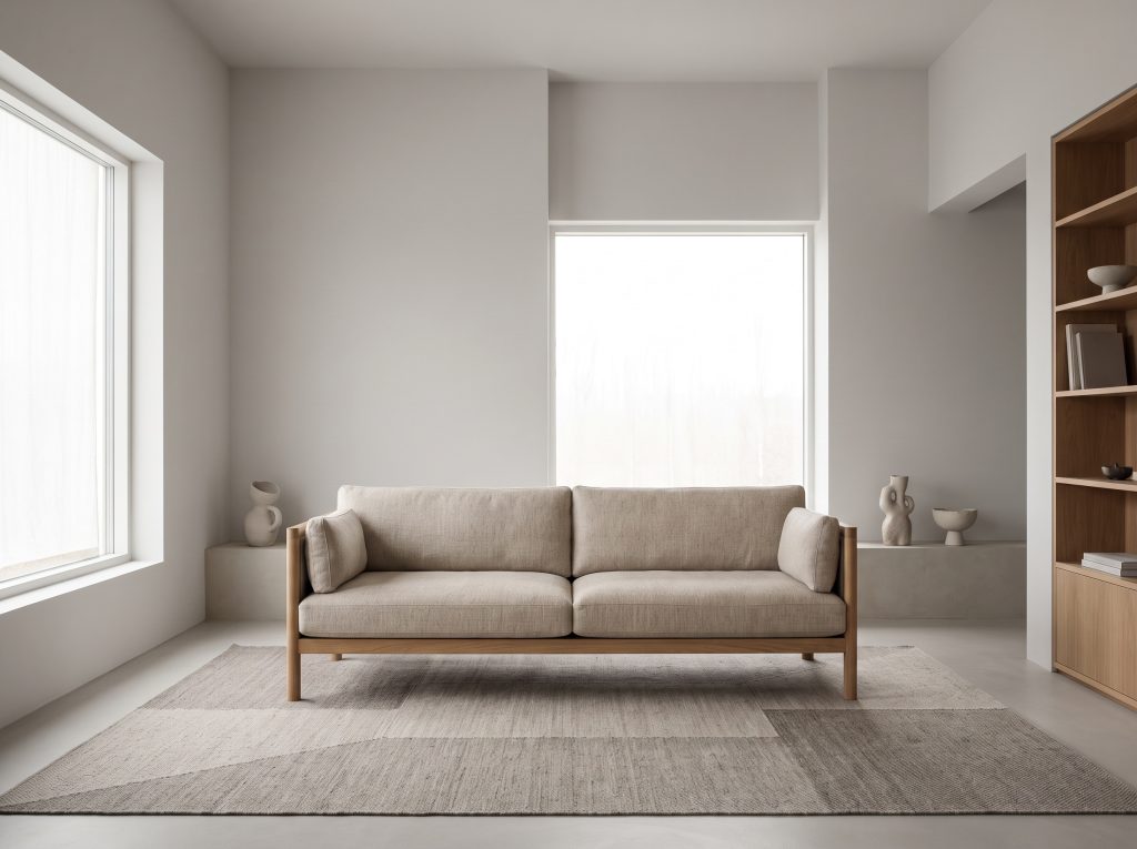 A finished-back solid wood framed sofa upholstered in heavy linen floats centrally on a flat-weave wool rug with generous clearance from the walls.