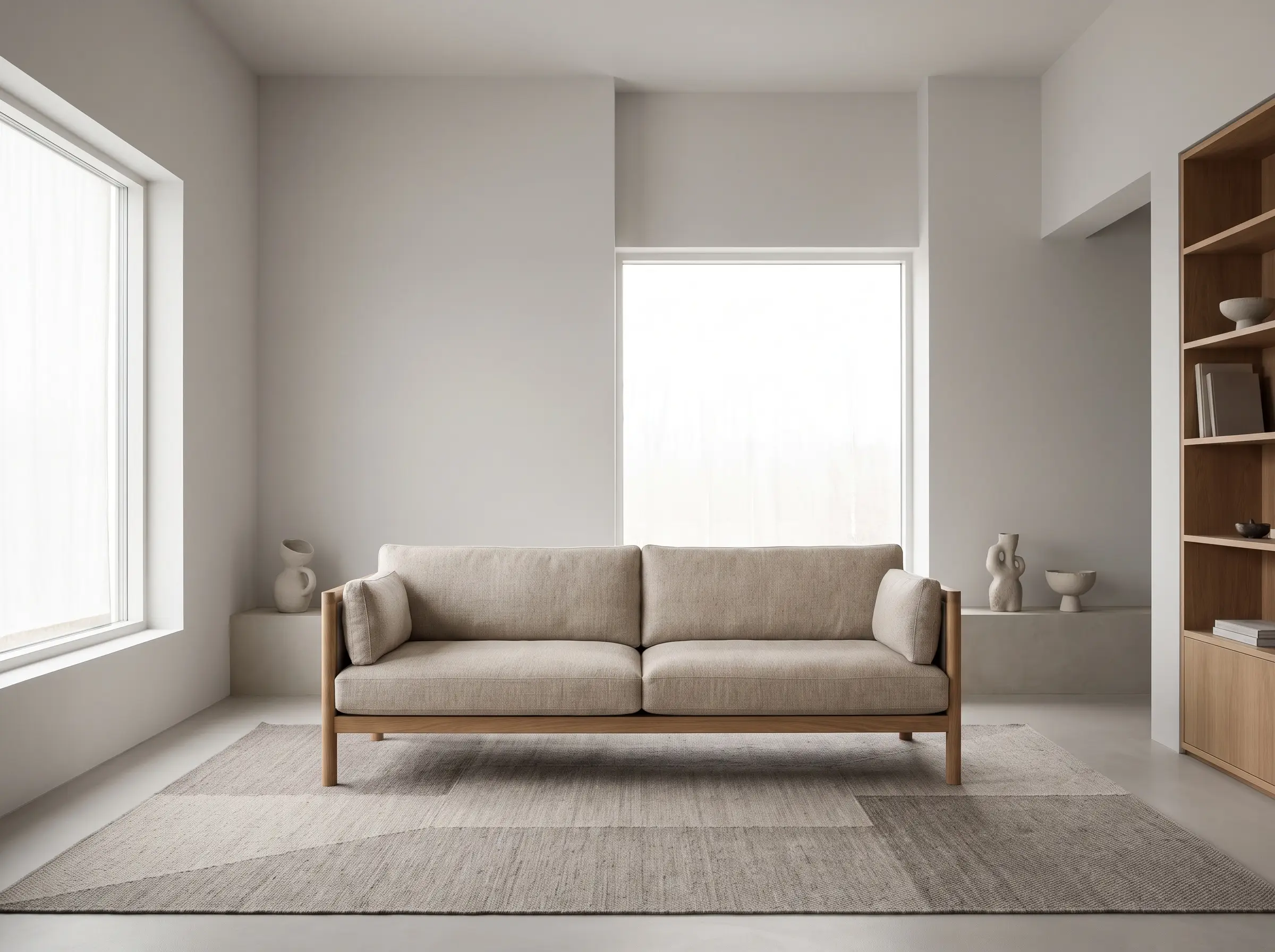 A finished-back solid wood framed sofa upholstered in heavy linen floats centrally on a flat-weave wool rug with generous clearance from the walls.