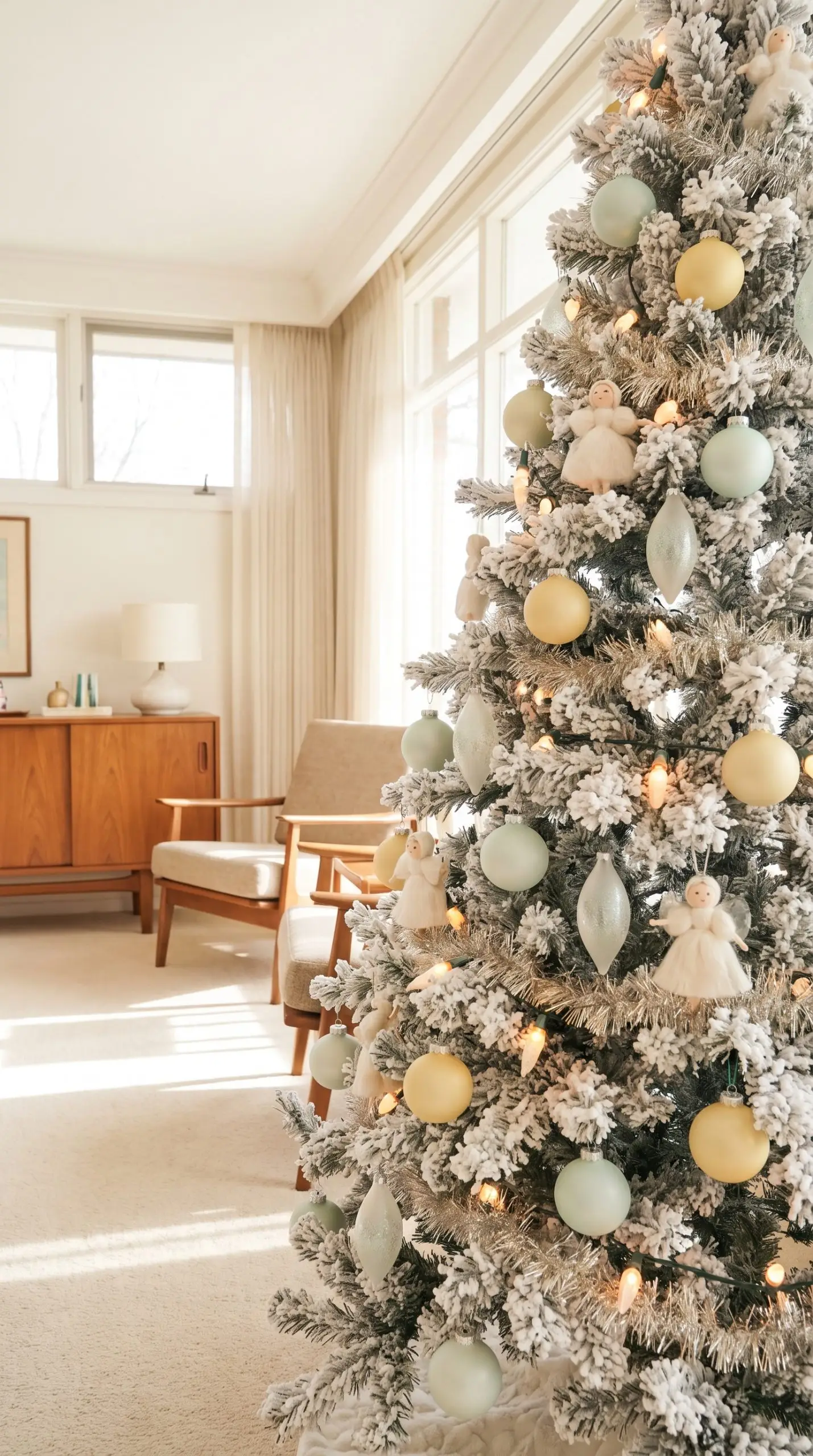 A heavily flocked snowy white tree features Farrow & Ball Cabbage White and Sherwin-Williams Butter Up pastel ceramic baubles alongside frosted glass teardrops.