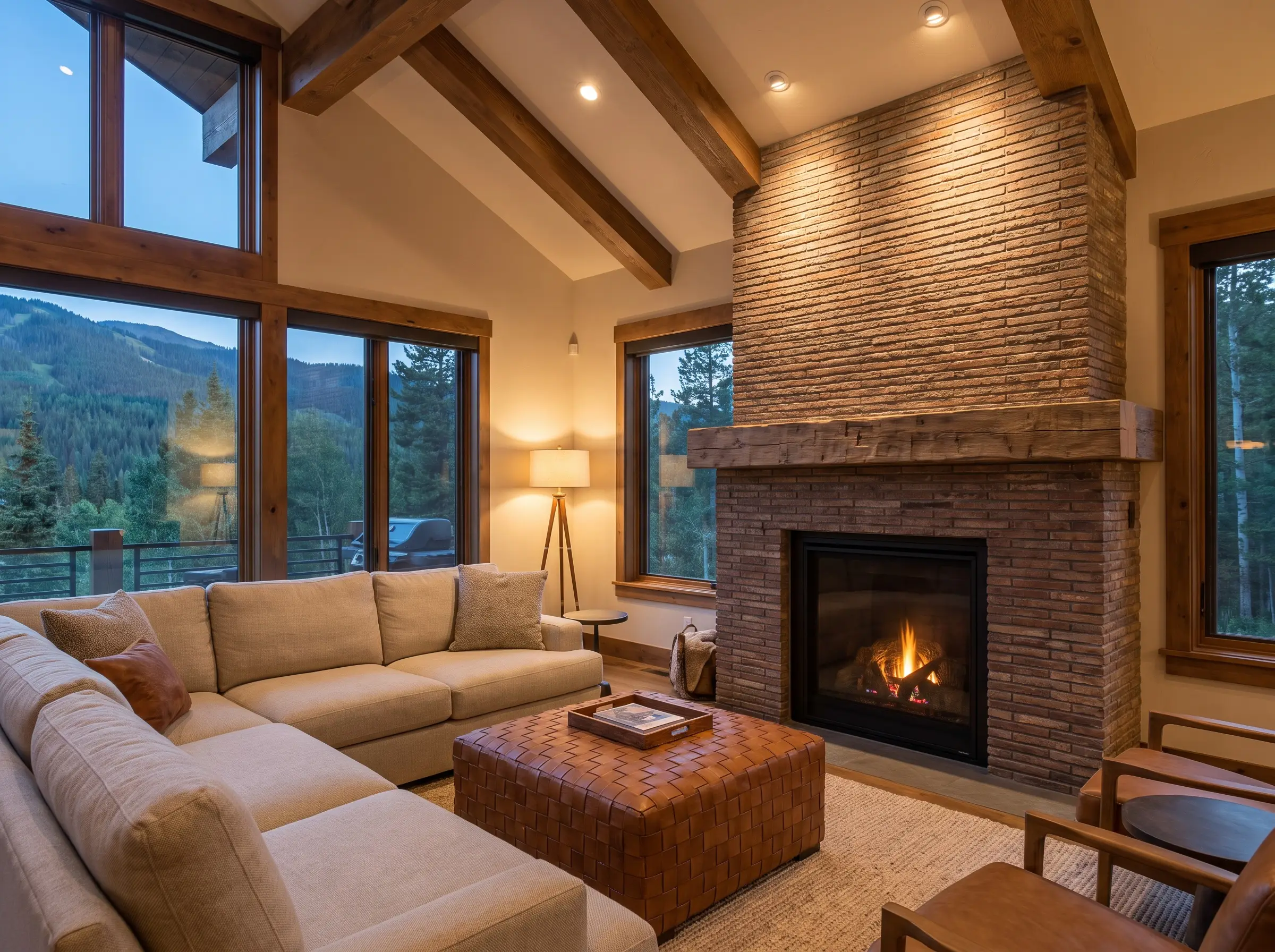 A reclaimed timber mantel breaks up a floor-to-ceiling thin-brick veneer fireplace in a transitional living room furnished with a plush beige sectional and woven ottoman.