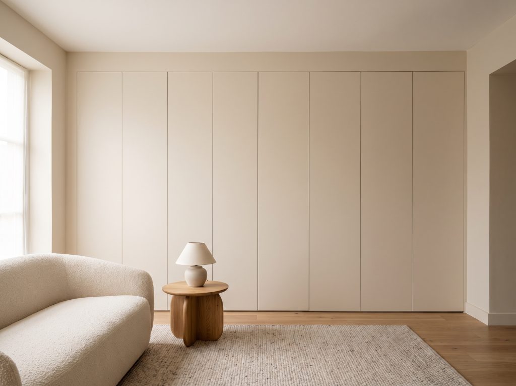 Floor-to-ceiling flat-front MDF cabinets with concealed hinges create a flush architectural wall behind a low-profile boucle sofa and solid wood side table.