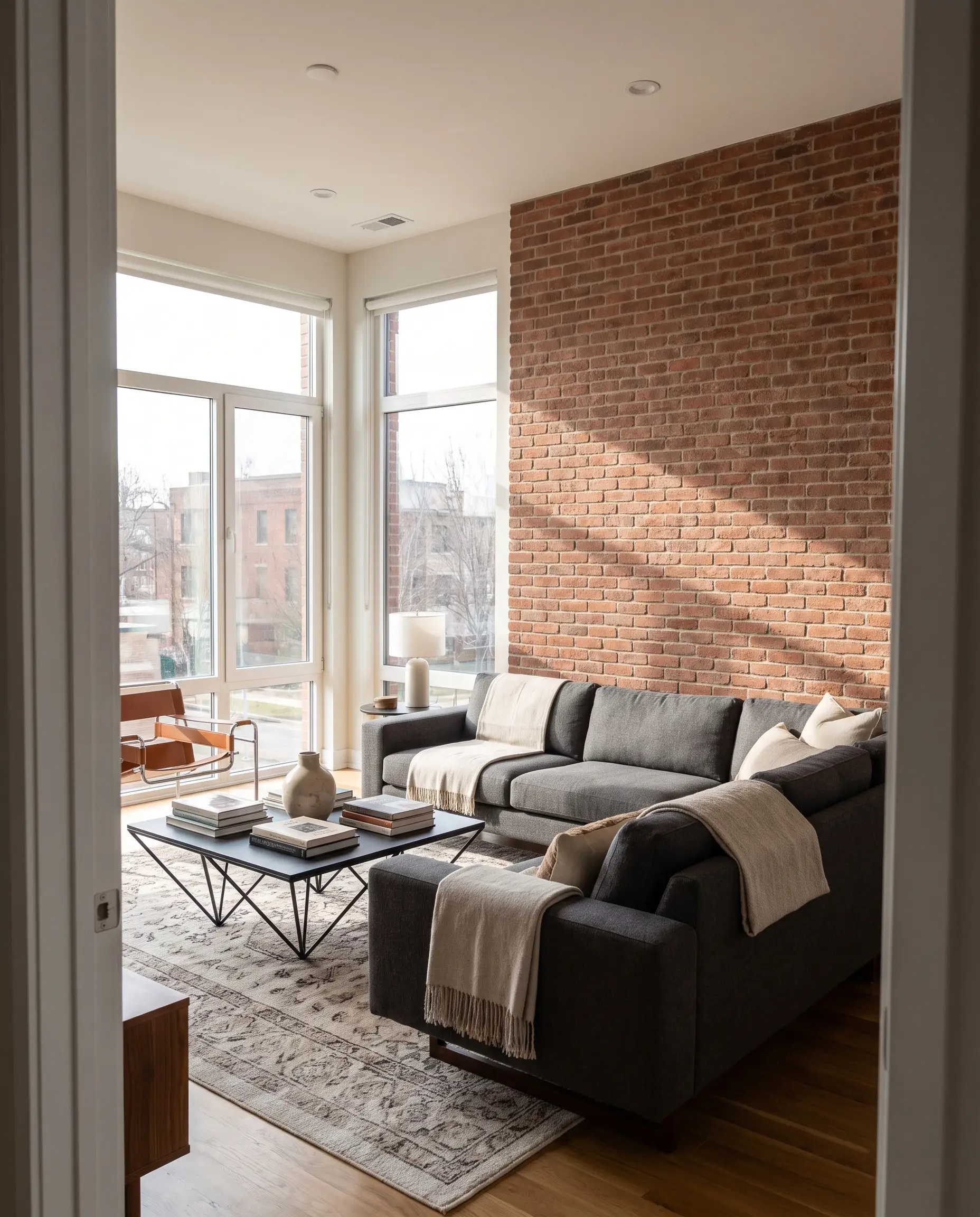 A sleek low-profile gray sofa and geometric metal coffee table furnish a modern living area featuring a masonry surface with a flush joint grout profile.
