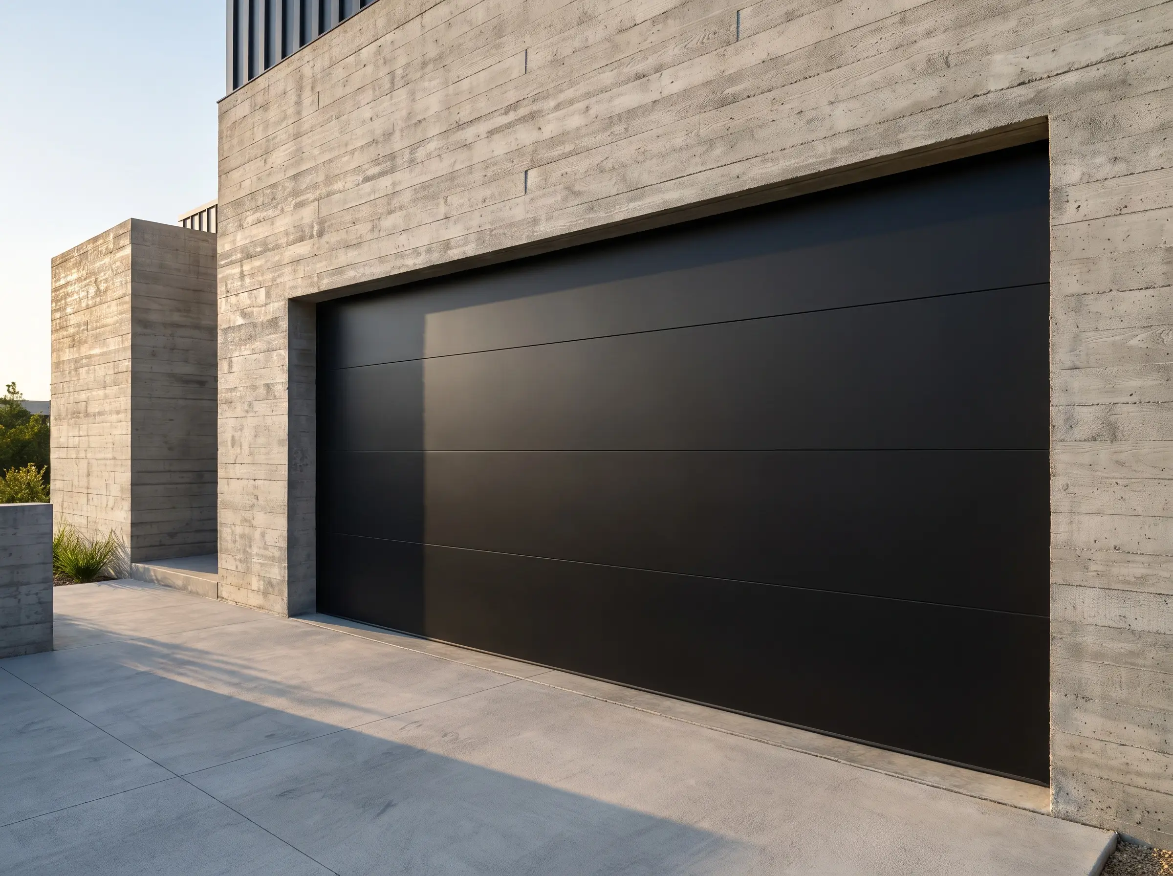 A 24-gauge flat flush-panel steel garage door with an ultra-matte finish anchors a brutalist-inspired concrete exterior wall, reflecting garage door trends 2027.
