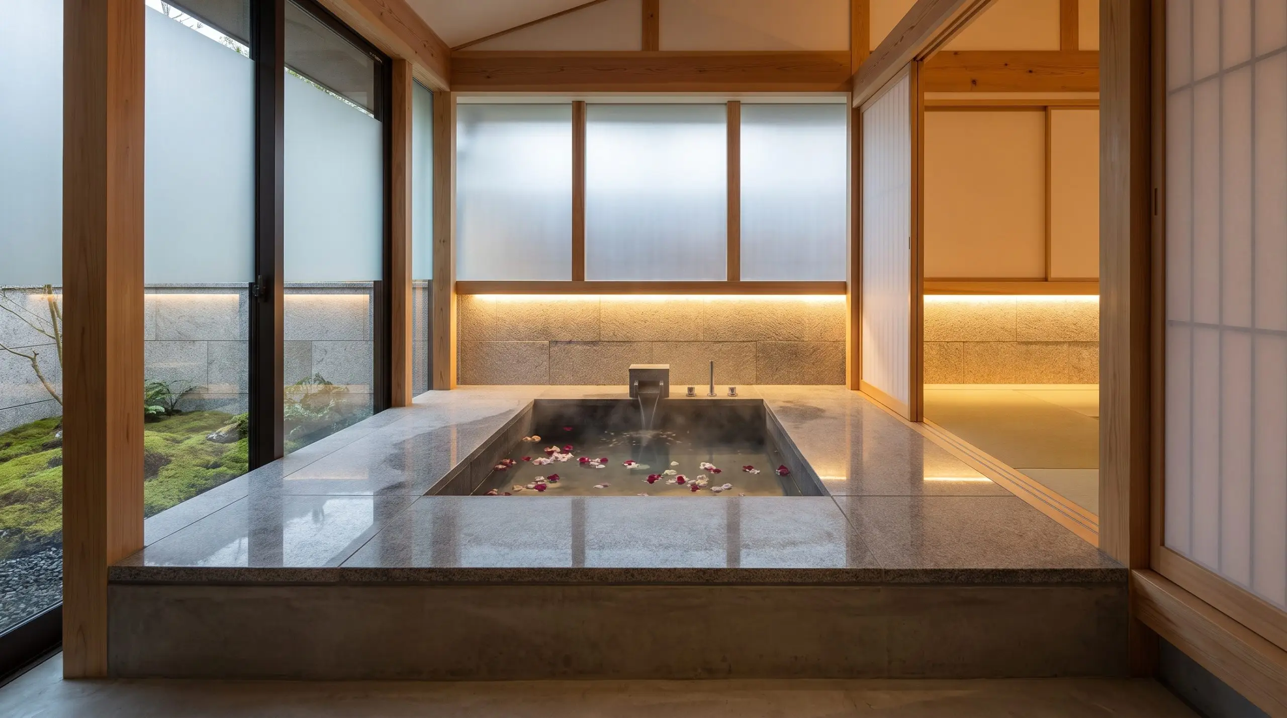 A luxurious soaking tub sits completely flush into a raised architectural deck constructed of poured concrete and capped in large-format stone tiles.