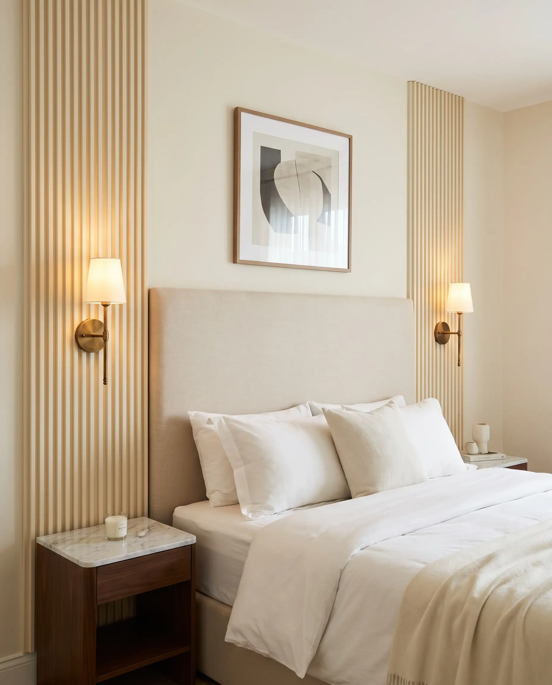 Narrow vertical strips of fluted MDF texture act as architectural columns framing an upholstered headboard, mounting aged brass sconces above marble-topped nightstands.
