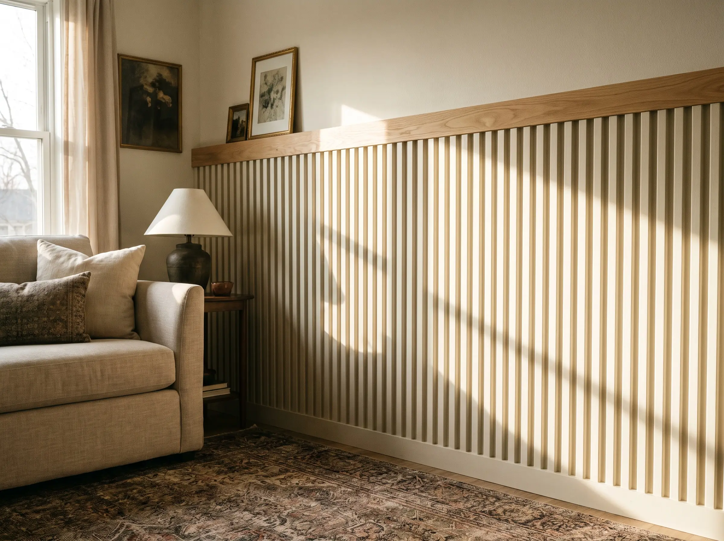 Vertically fluted MDF 3D wall panels serve as half-wall wainscoting capped with white oak trim behind a cozy linen loveseat and vintage rug.