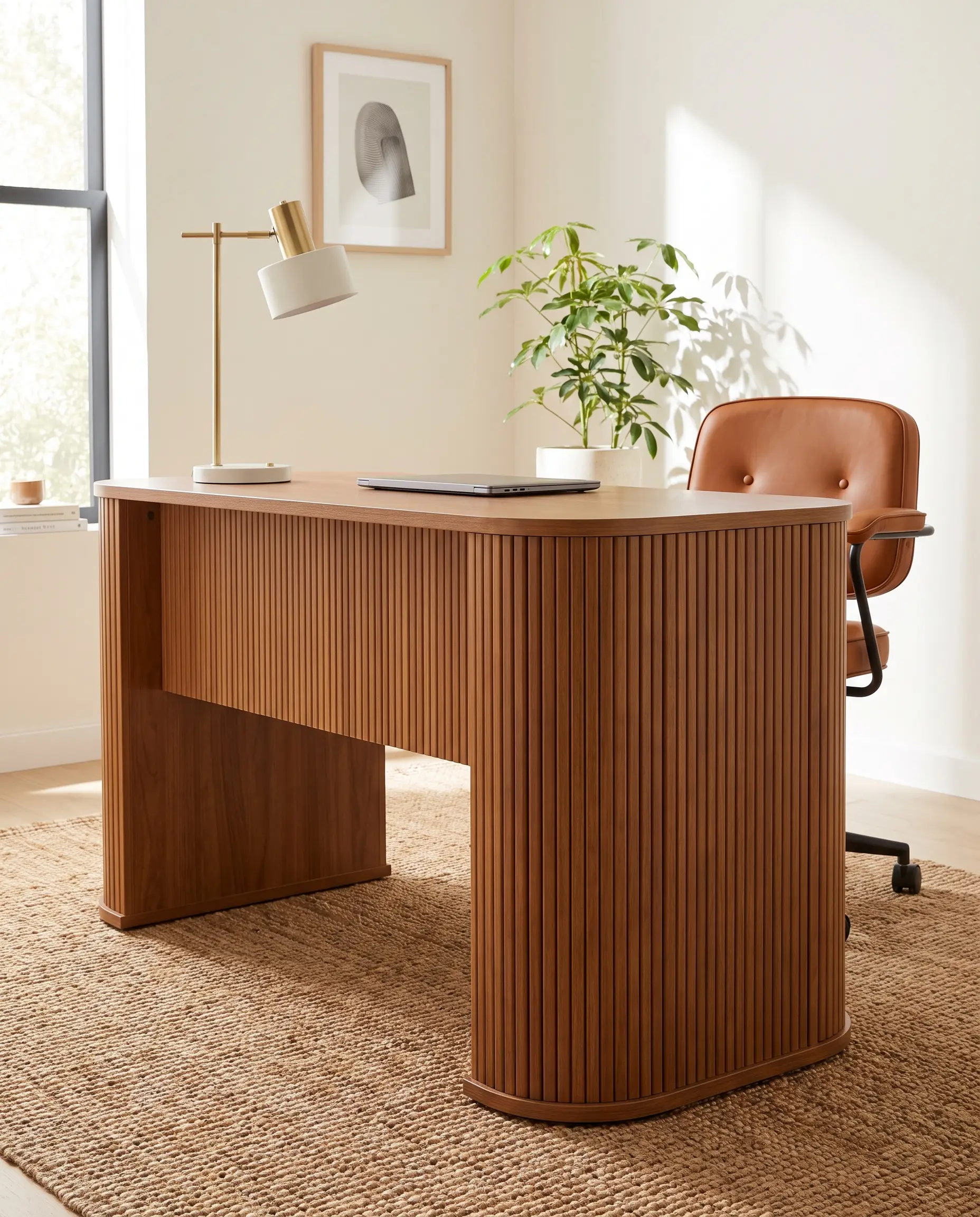 Flexible fluted tambour wood panels wrap seamlessly around the curved modesty panel of a freestanding desk in a mid-century modern Japandi workspace.