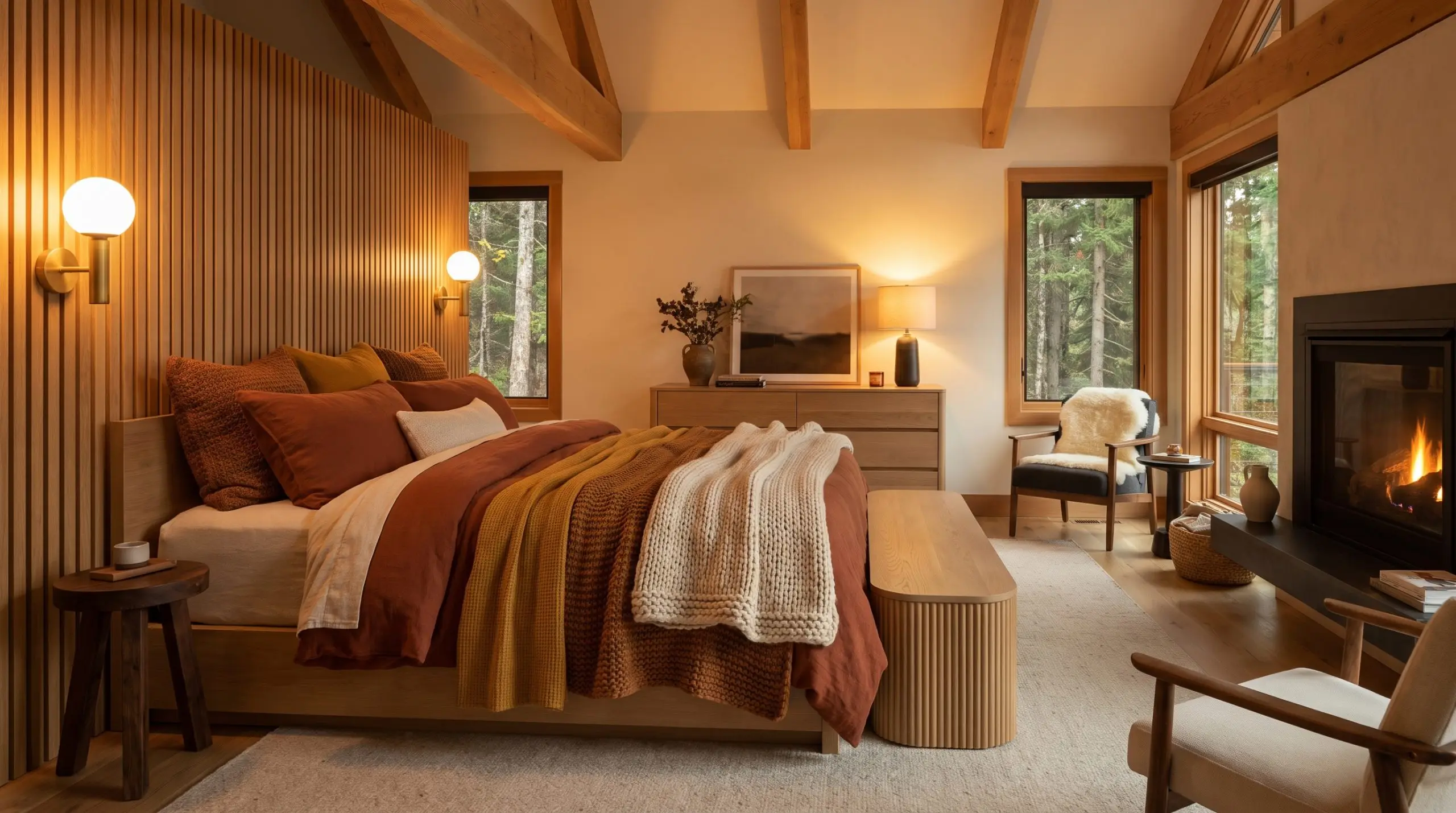 A fluted white oak bench and a raw dark walnut bedside stool ground this cozy fall bedroom alongside heavy layered bedding.
