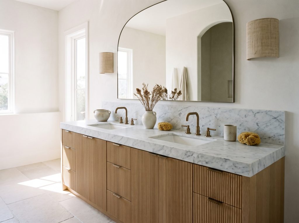 A custom fluted rift-sawn white oak vanity topped with a honed Carrara marble counter features dual undermount sinks and brushed bronze fixtures beneath a large arched mirror.