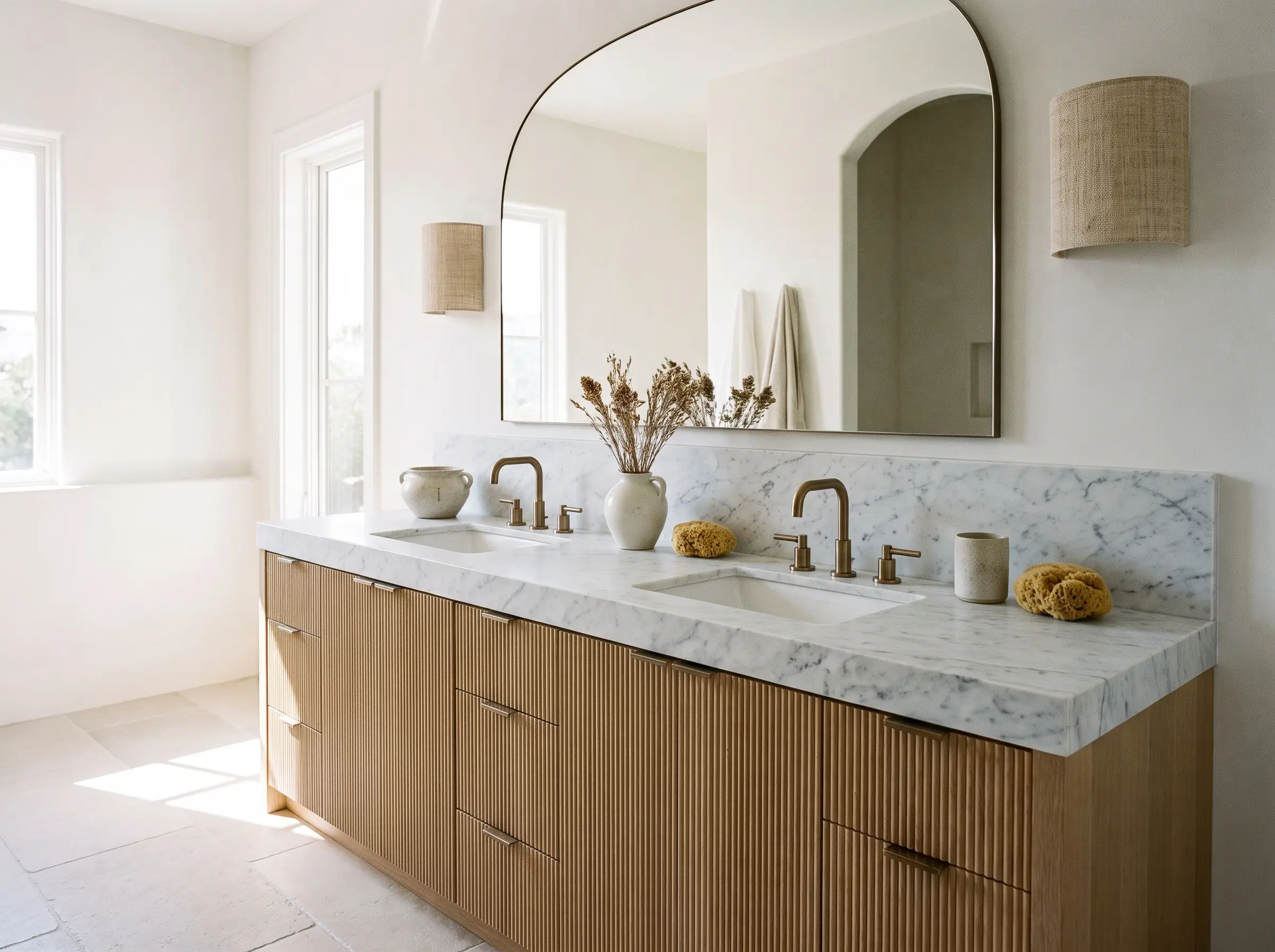 A custom fluted rift-sawn white oak vanity topped with a honed Carrara marble counter features dual undermount sinks and brushed bronze fixtures beneath a large arched mirror.