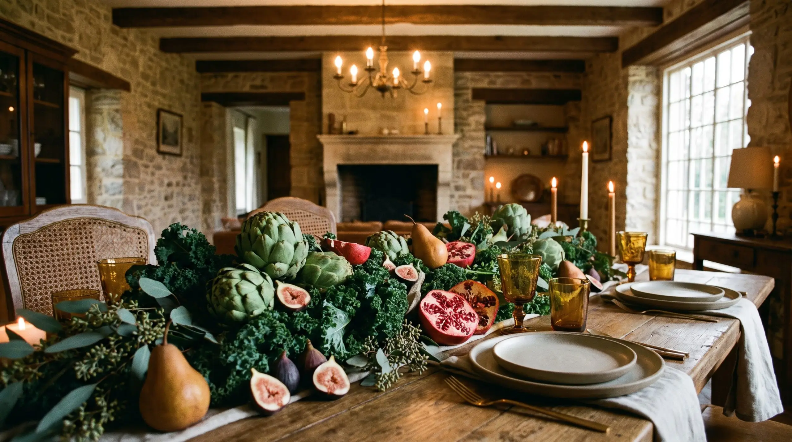 Raw green artichokes, fresh halved figs, and pomegranates form an edible centerpiece on a rustic wooden dining table surrounded by matte stoneware plates.