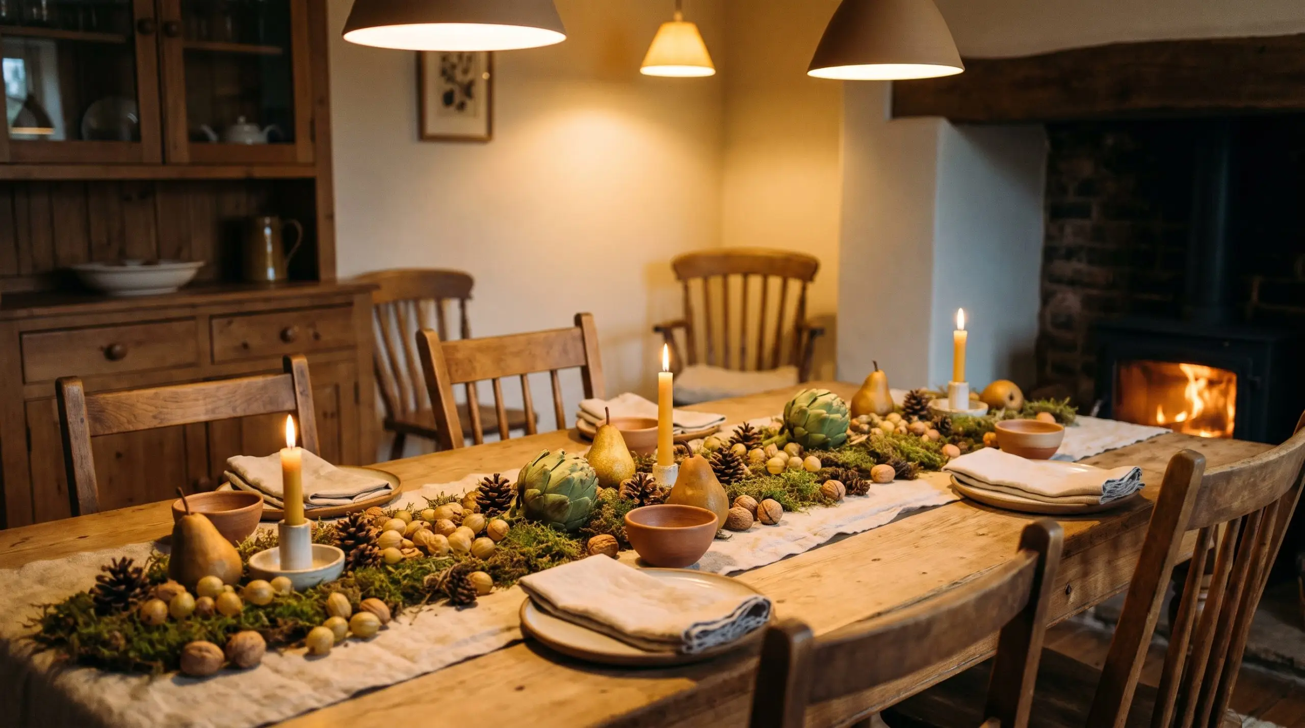 Dried gooseberries, foraged miniature pinecones, and unshelled whole walnuts fill the negative space between pears and artichokes on a wooden dining table.