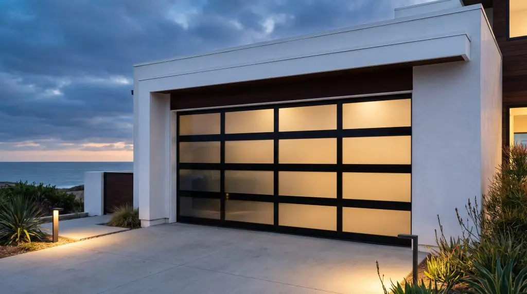A fully frameless tinted tempered glass garage door with a concealed heavy-duty aluminum grid is integrated into a sleek coastal contemporary exterior facade.