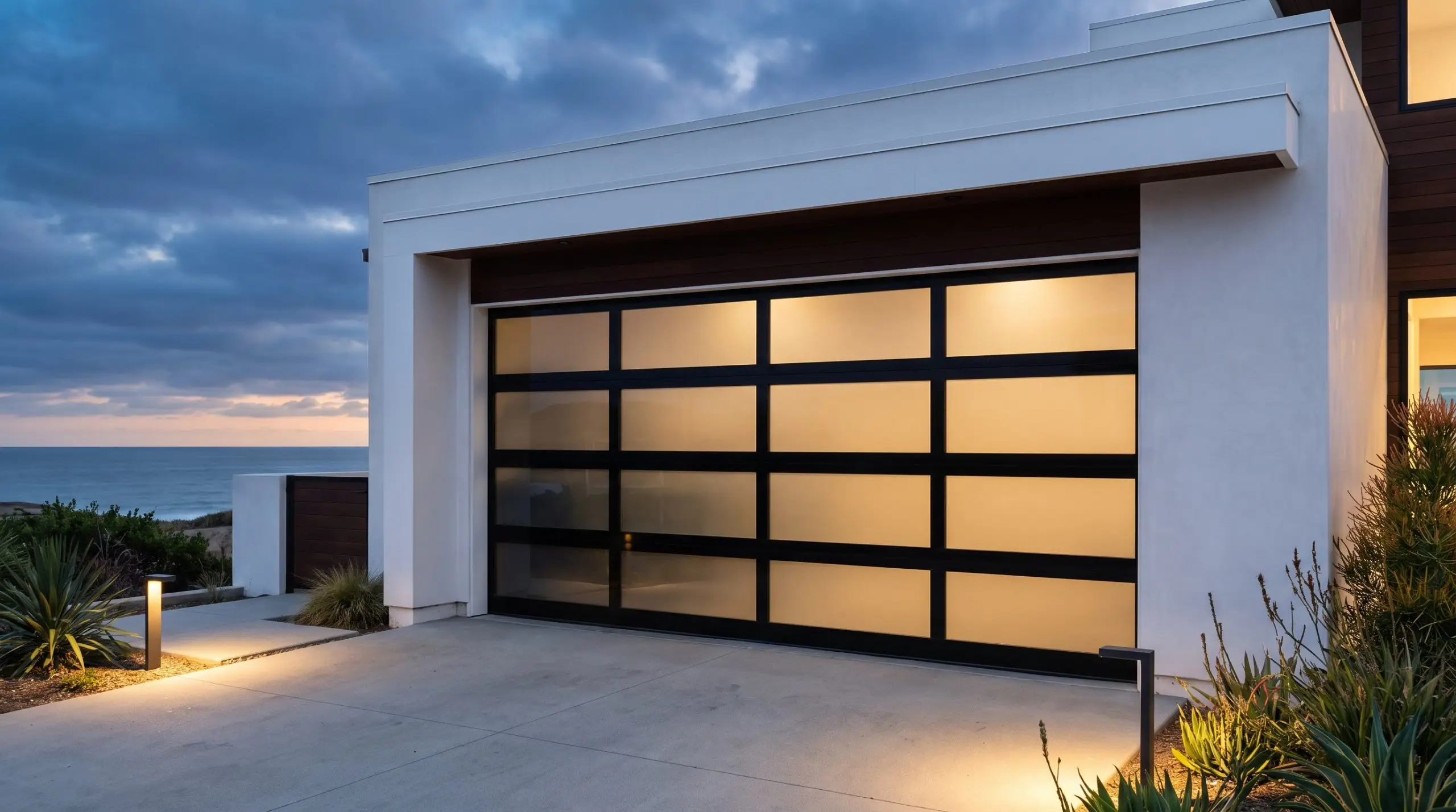 A fully frameless tinted tempered glass garage door with a concealed heavy-duty aluminum grid is integrated into a sleek coastal contemporary exterior facade.