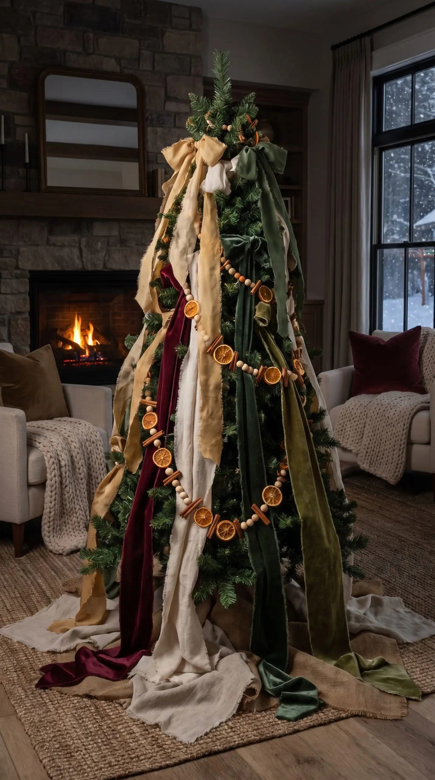 Soft frayed silk chiffon and heavy cotton velvet ribbons cascade organically down artificial branches, pooling slightly near a cozy living room fireplace.