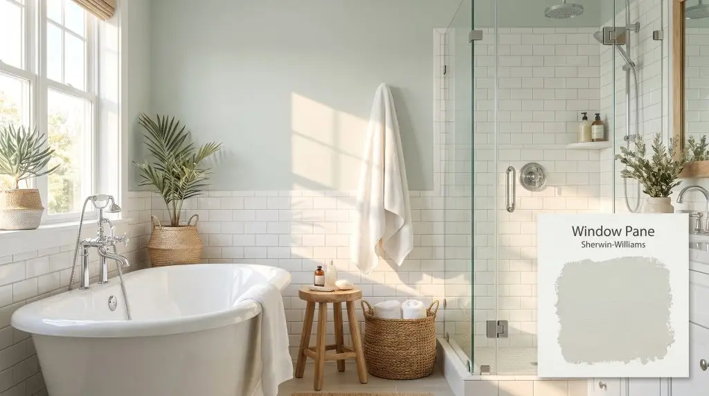 A freestanding bathtub and glass shower enclosure stand beside white subway tiles and walls painted in SW Window Pane (Hex #D7DFD8).