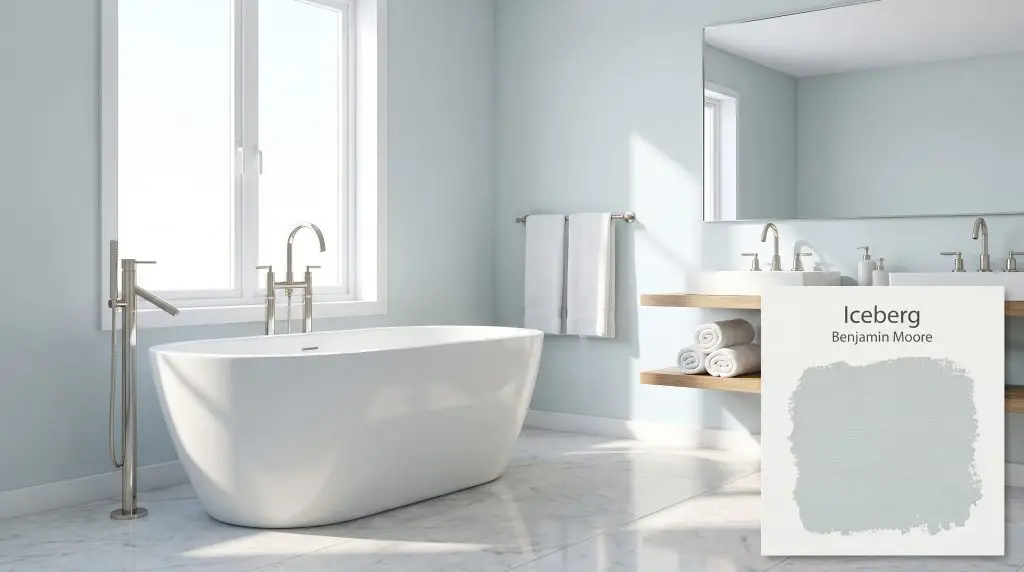 A freestanding white soaking tub rests on light marble flooring inside a minimalist bathroom finished in crisp Iceberg 2122-50 (Hex #D6E0E0).