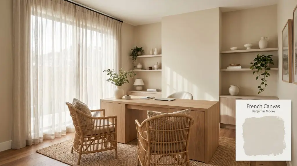 A light oak desk and woven rattan chairs sit beneath sheer curtains and earthy off-white walls painted in French Canvas (Hex #E5E3D4).