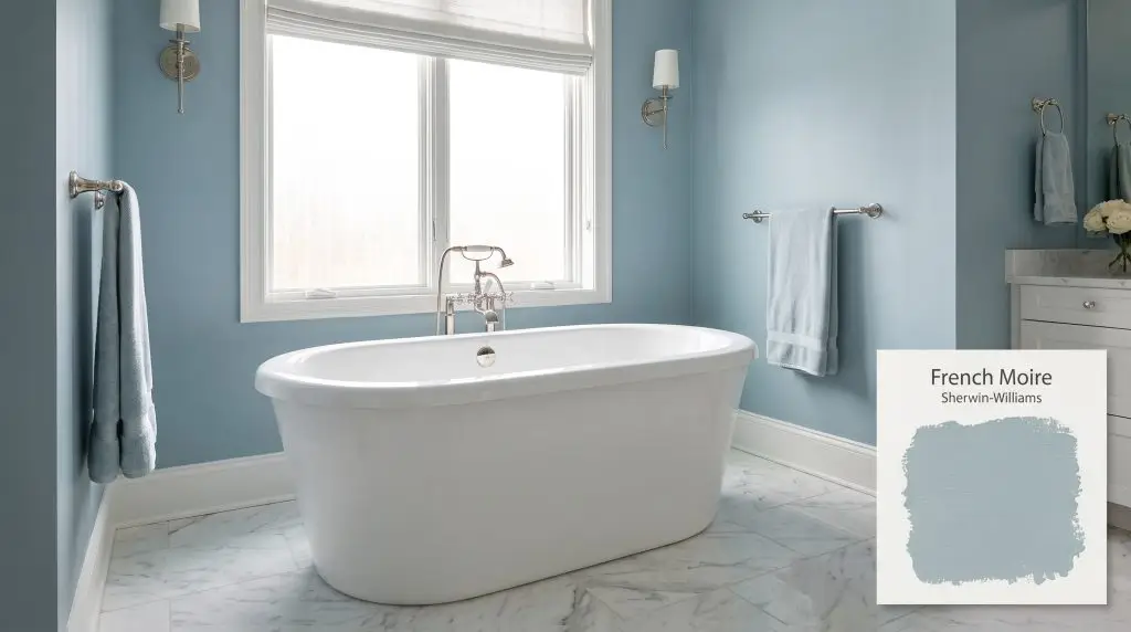 A freestanding white soaking tub and polished nickel hardware sit beautifully against blue walls painted in SW 9056 (Hex #9FBBC3).