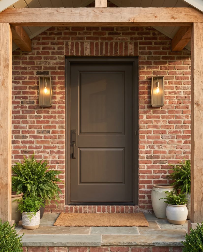 Brushed bronze sconces and cedar wood accents frame an Urbane Bronze front door surrounded by a traditional aged red brick facade.
