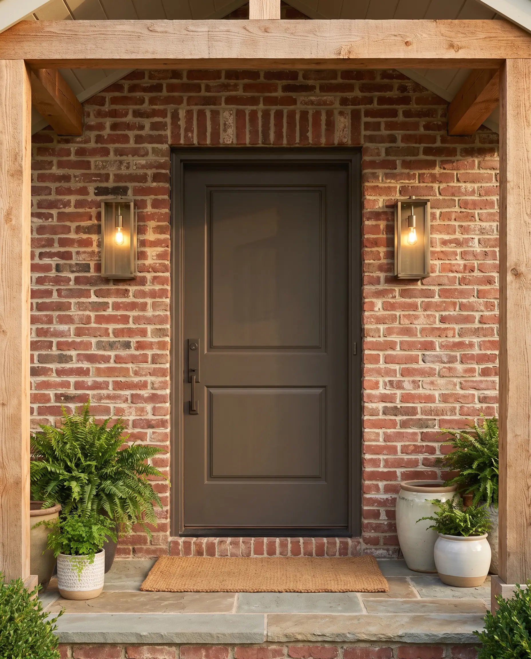 Brushed bronze sconces and cedar wood accents frame an Urbane Bronze front door surrounded by a traditional aged red brick facade.