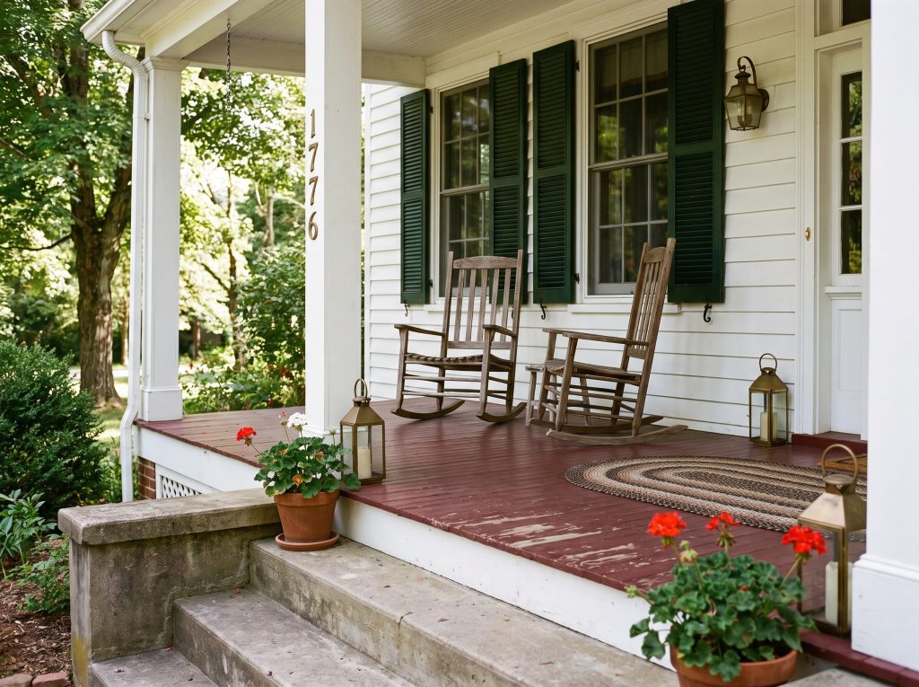 A historic colonial entryway features concrete steps and a wooden floor painted in deeply saturated red, paired with dark forest green shutters and white siding.