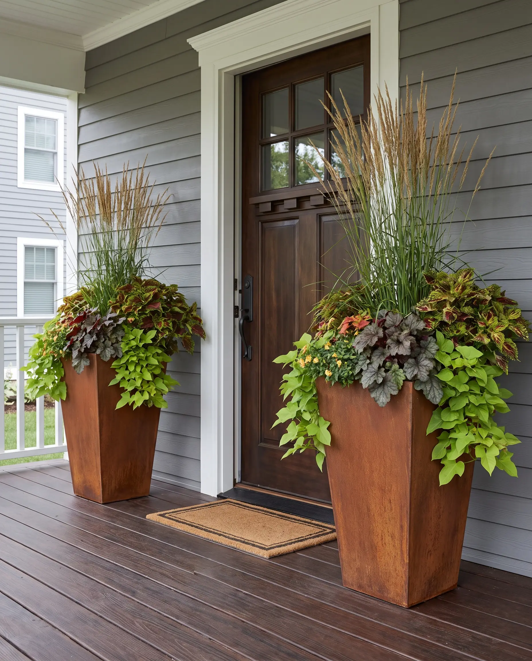 Symmetrical flanking of a front door using 36-inch tall tapered architectural planters cast from heavy-gauge corten steel, filled with cascading vines and tall grasses.
