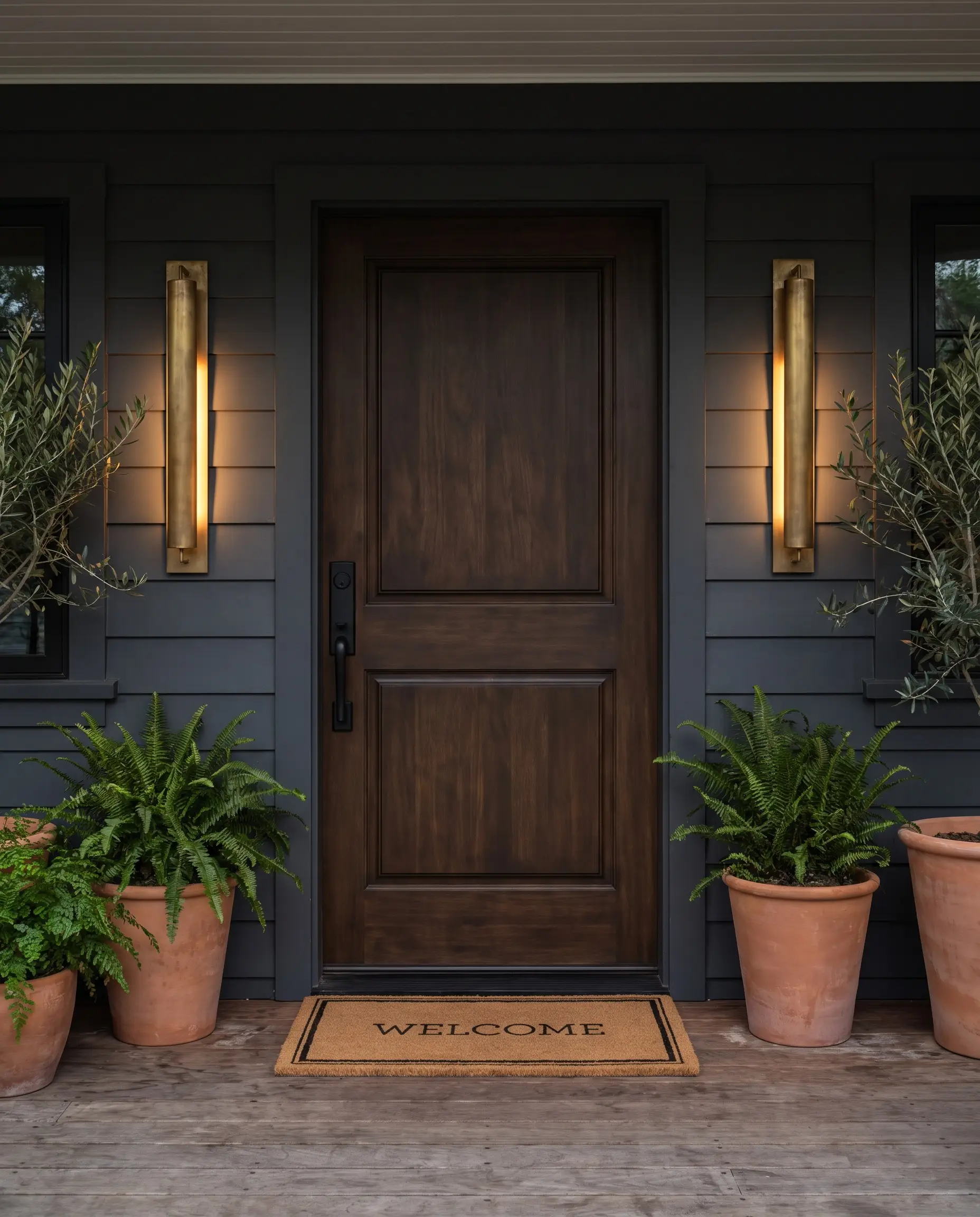 Front porch decorating utilizing symmetrical flanking with elongated, 24-inch unlacquered brass sconces mounted at eye level against dark exterior siding.