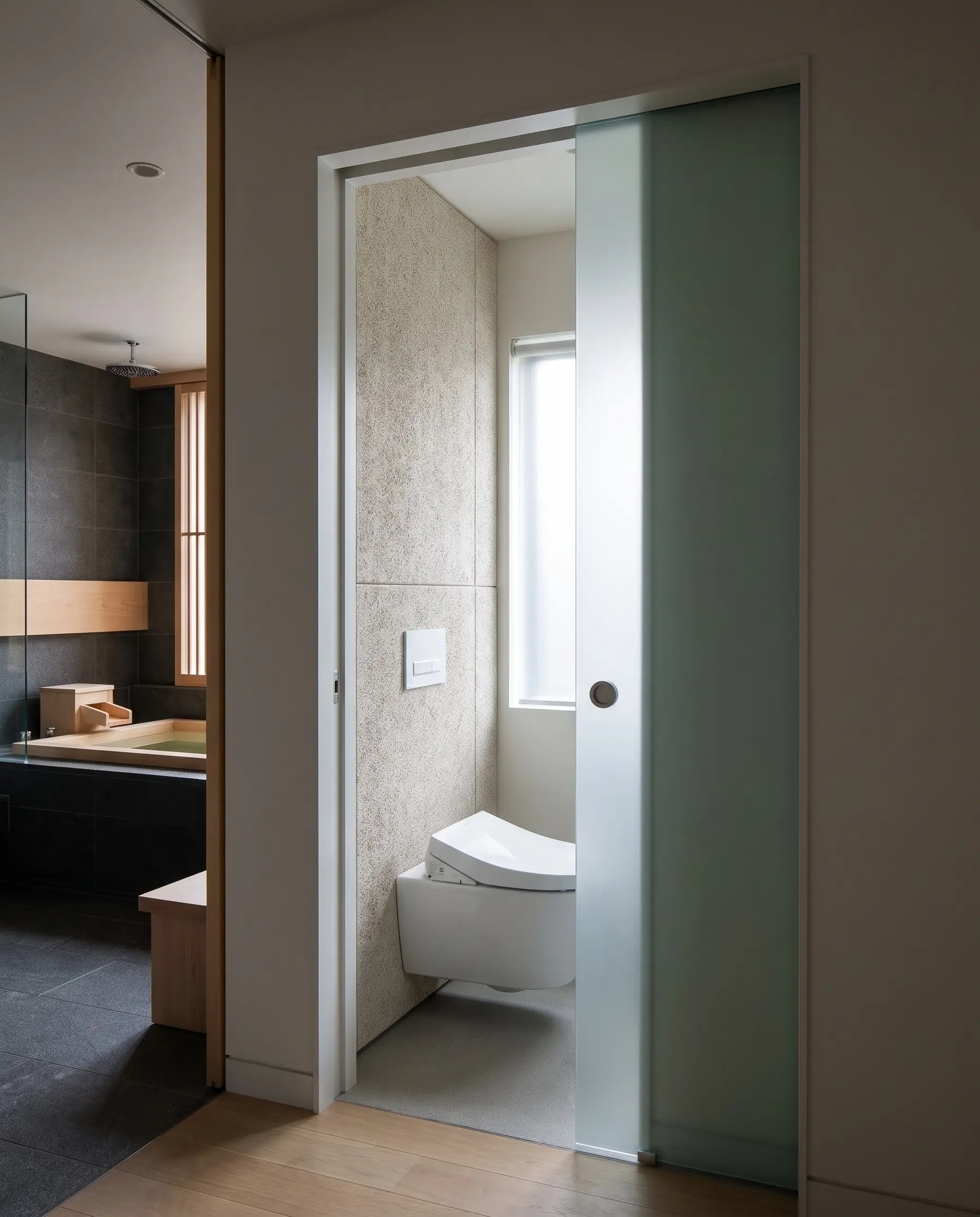 A minimalist tankless toilet sits inside a highly compartmentalized 30-by-60-inch independent water closet framed by a frosted glass sliding pocket door.