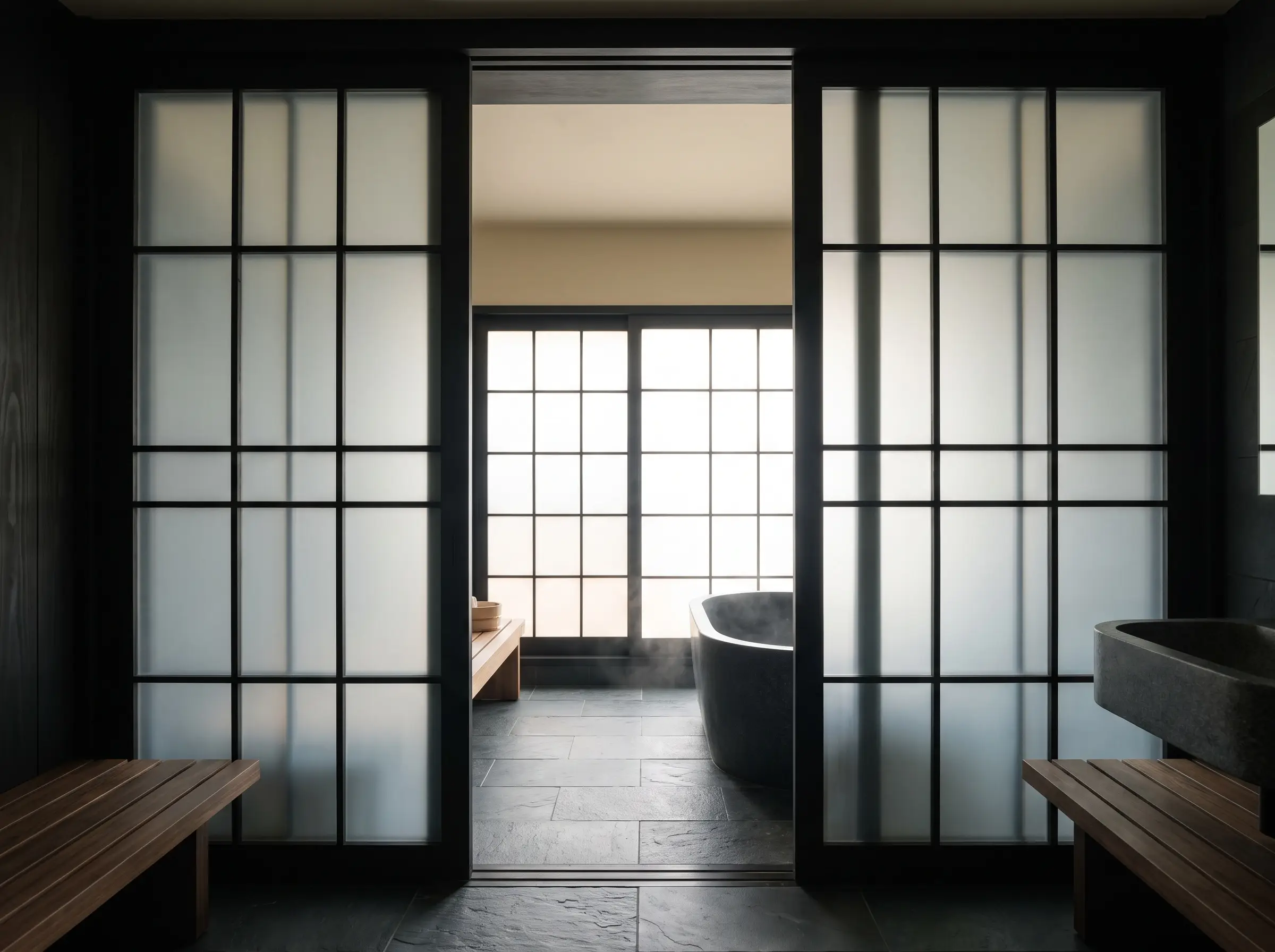 Grid-paned acid-etched frosted glass sliding doors with matte black cedar mullions act as a moisture-resistant privacy screen below a warm white painted ceiling.