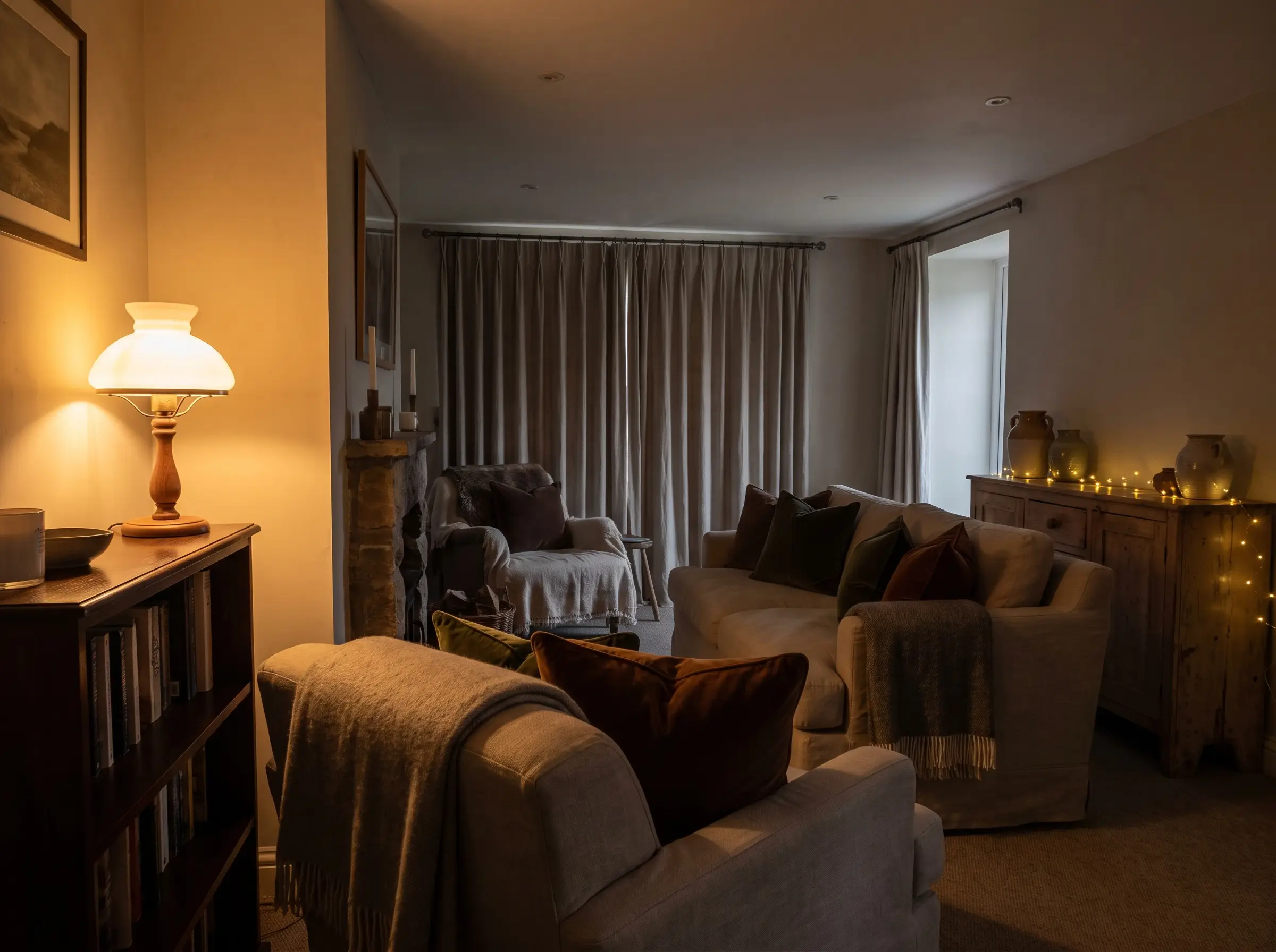 A frosted glass table lamp rests on a wooden bookshelf, casting practical light across a living room filled with deep earth-toned textiles.