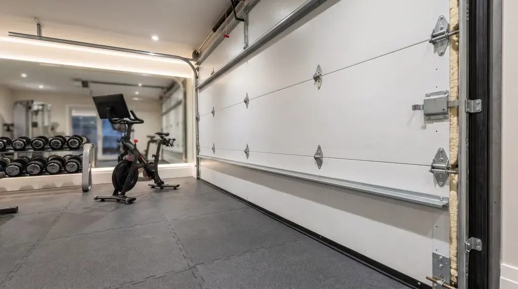 Thick steel garage door panels featuring high-density injected polyurethane insulation finished in matte white enclose a climate-controlled luxury home gym with interlocking rubber floor tiles.