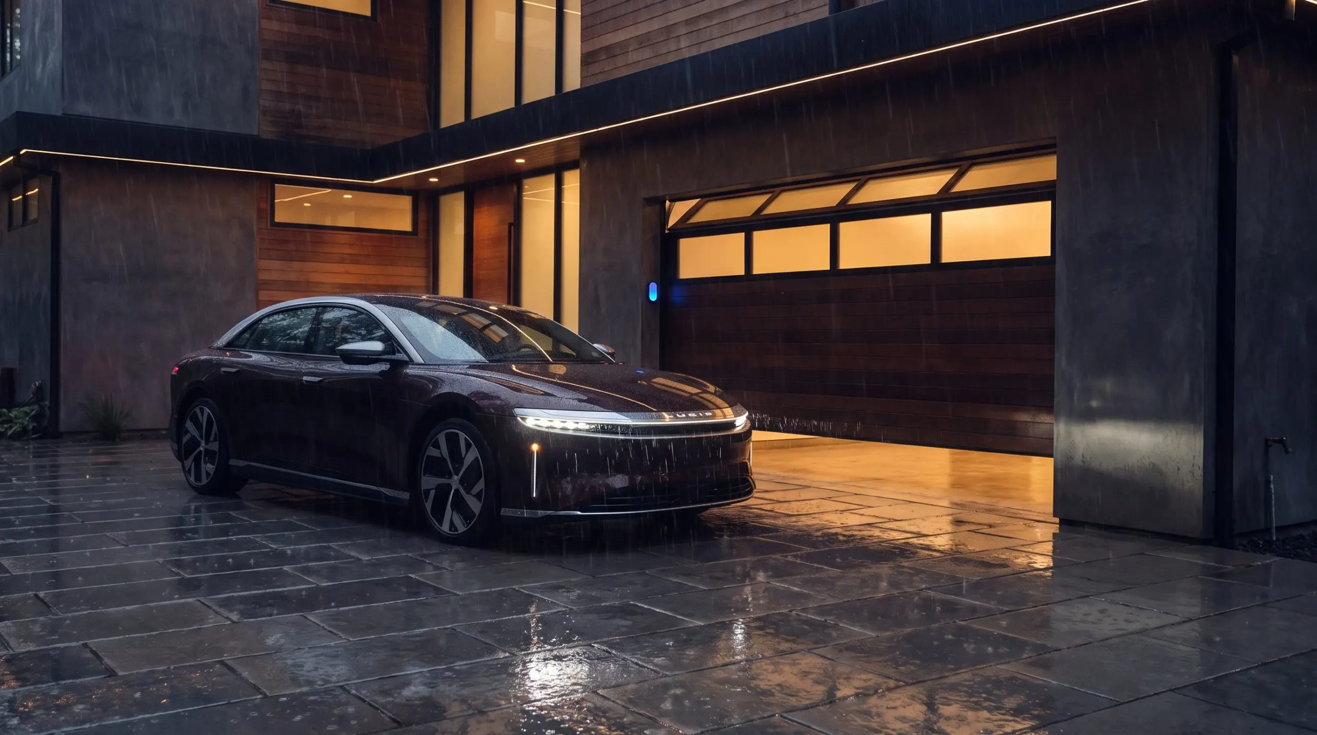 Showcasing garage door trends 2027, a pristine modern garage door automatically glides open for a luxury vehicle arriving on a large-format paver driveway.
