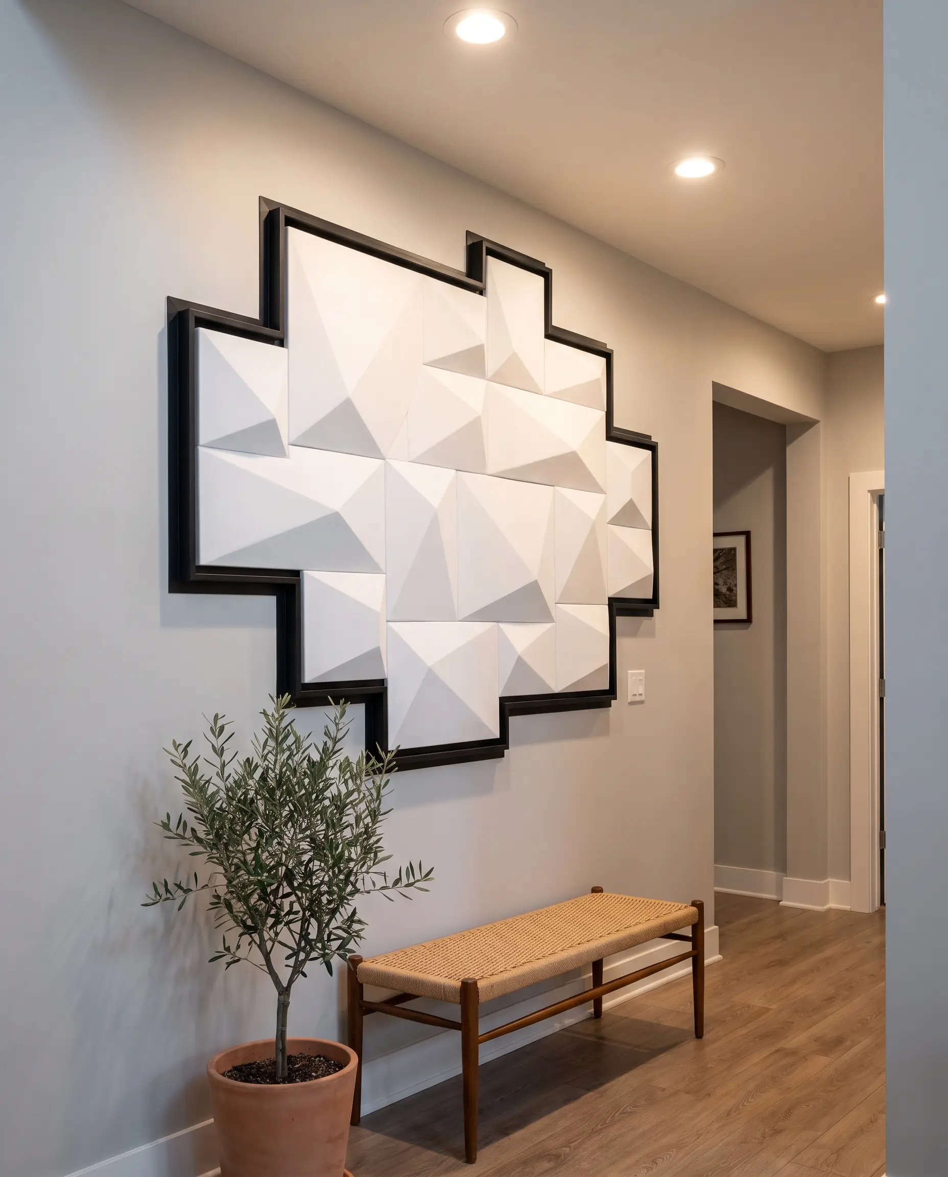 White geometric 3D wall panels are sharply framed by matte black metal J-channel edge trim in a transitional hallway featuring a mid-century wooden bench.