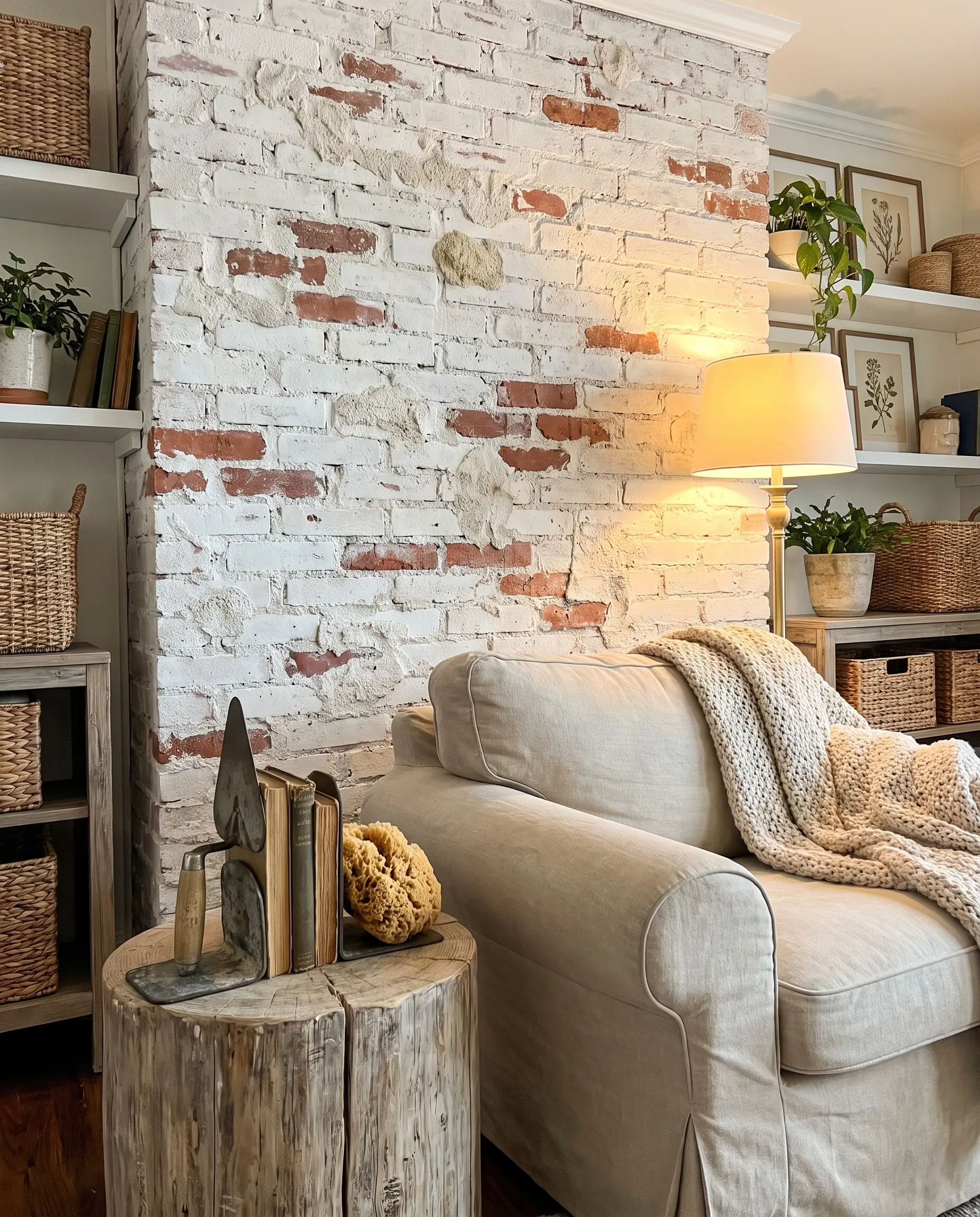 Heavy white Portland cement coats a rugged masonry surface behind a slipcovered linen armchair, rustic wooden side table, and a heavy-duty masonry trowel.