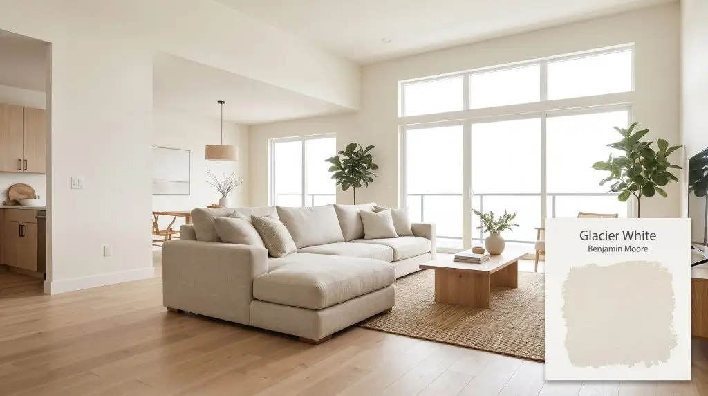 Expansive windows surround a neutral sectional sofa resting on light maple wood floors, framed by Glacier White walls (Hex #ECEAE0).