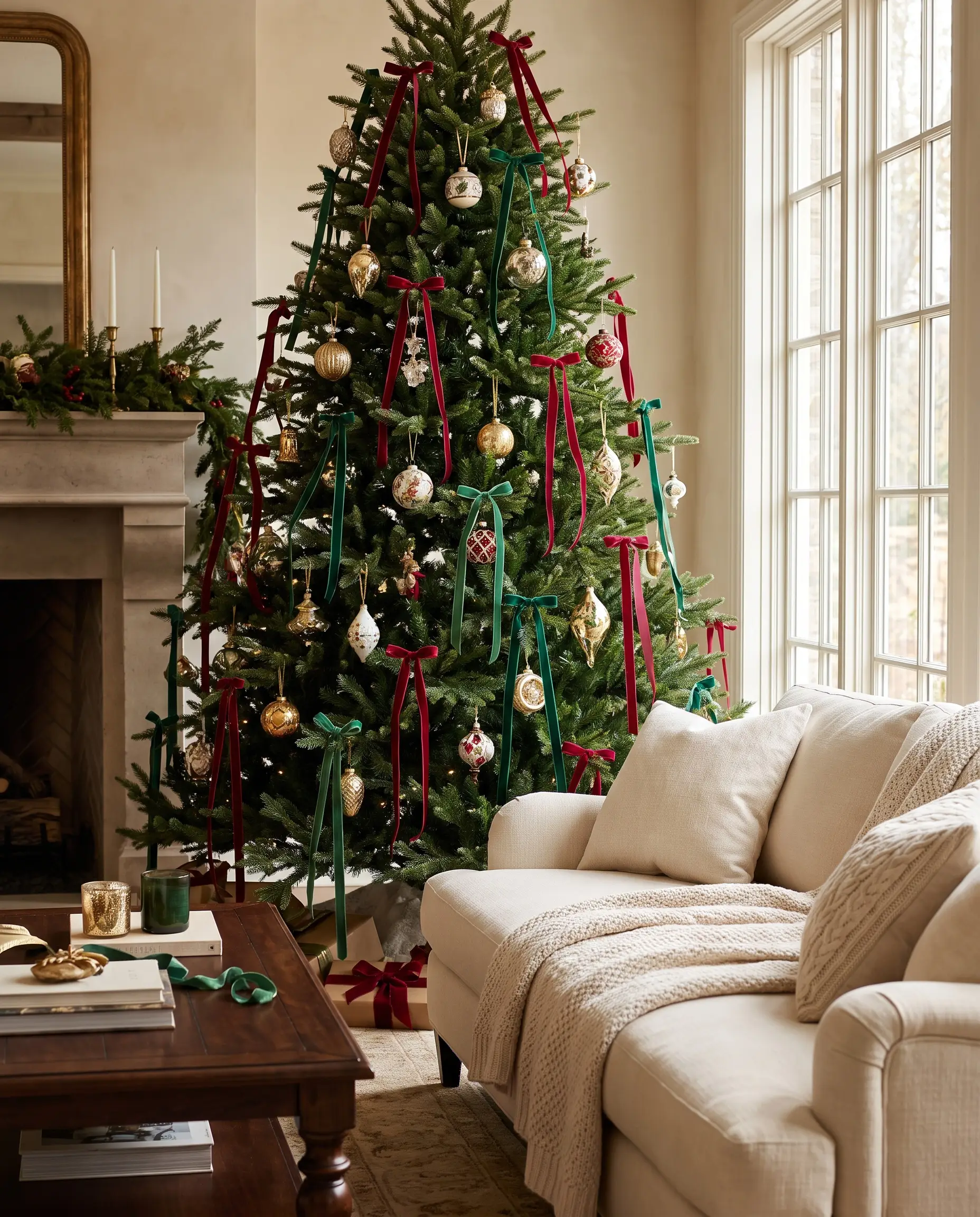 Highly detailed feature ornaments attach directly to pine branches using relaxed knots of thin silk and cotton velvet ribbon, leaving delicate dangling tails.