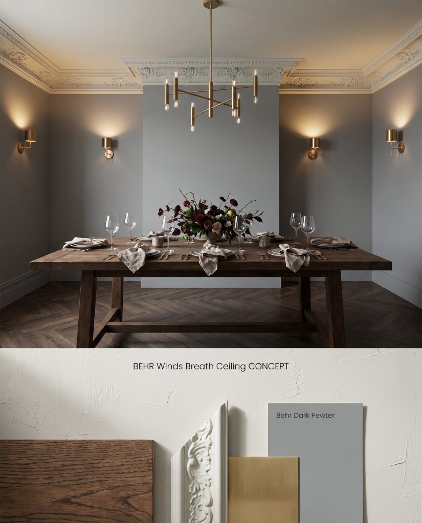 A dual-section design layout featuring a greige painted dining room ceiling over a physical arrangement of dark oak and plaster molding.
