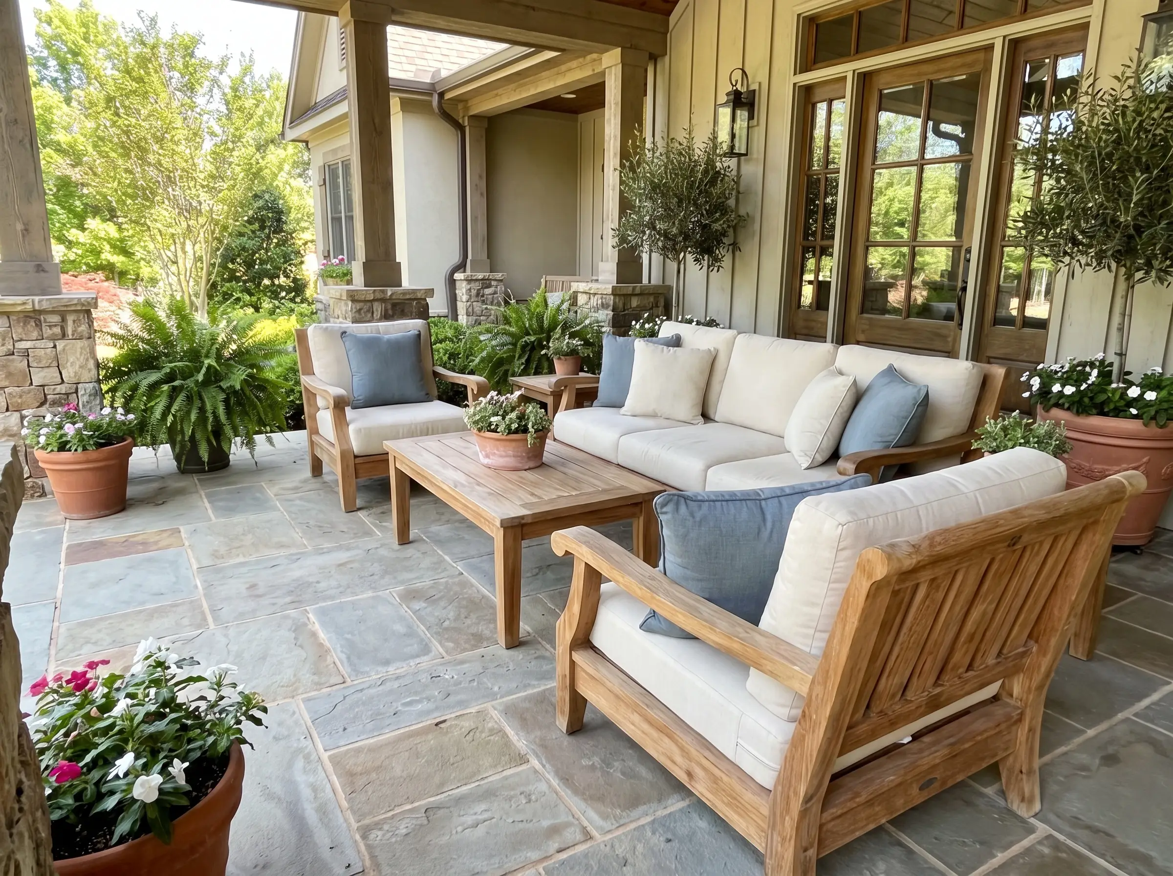 Front porch decorating centered around kiln-dried Grade-A teak outdoor furniture with plush cushions, set against architectural details and potted greenery.
