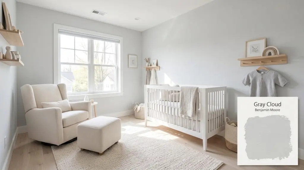 A white wooden crib and plush cream glider rest on light ash floors against walls painted in Gray Cloud (Hex #D7DCDE).