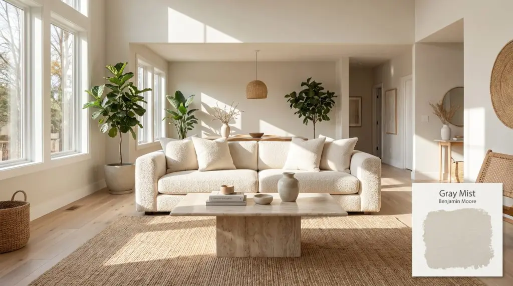 A textured cream bouclé sofa and honed marble coffee table rest on matte white oak flooring under Gray Mist (Hex #E3DFD2) walls.