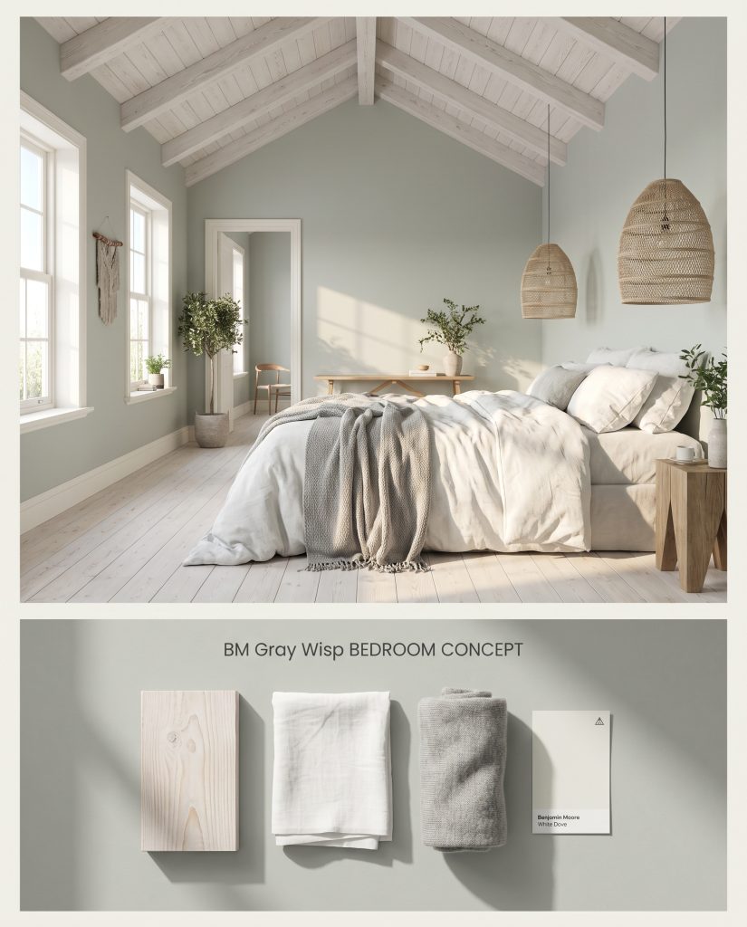 A split conceptual visualization showing an airy coastal bedroom with light gray-green walls above a flat-lay of whitewashed pine and white linen.