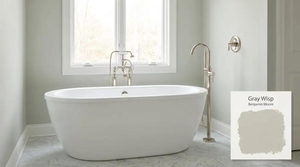 A freestanding white soaking tub rests on Carrara marble floor tiles inside a bathroom painted in Gray Wisp (Hex #BFC6BB).
