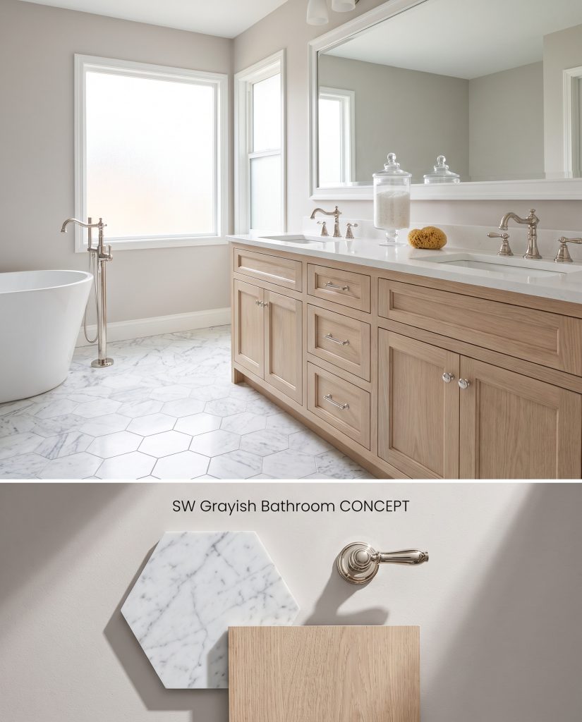 A split digital conceptual board presenting a light gray bathroom over a flat-lay containing Carrara marble hexagon tiles and bleached oak.