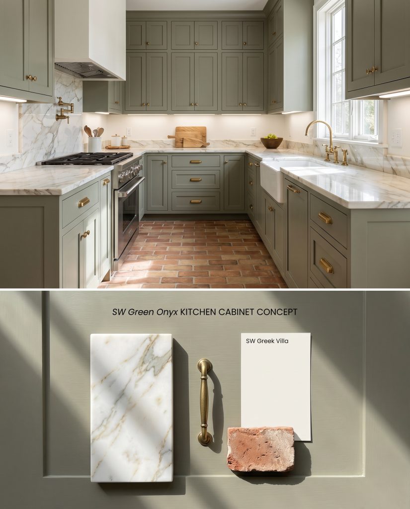 A conceptual split board showing earthy green kitchen cabinets with Calacatta marble on top, over a textured marble and aged brass flat-lay.