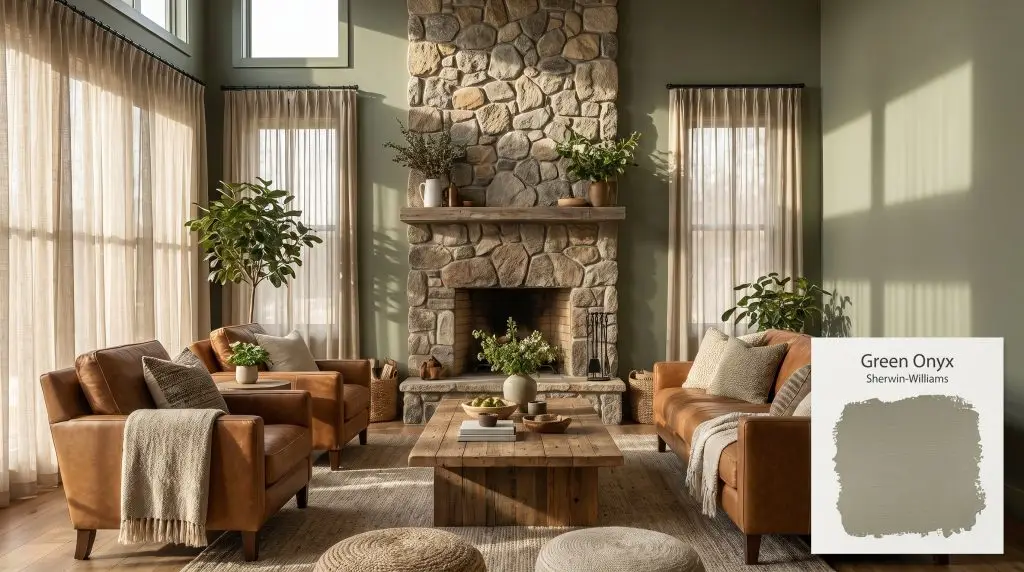 Filtered morning light illuminates warm leather seating and a natural stone fireplace against earthy SW Green Onyx walls (Hex #989A82).