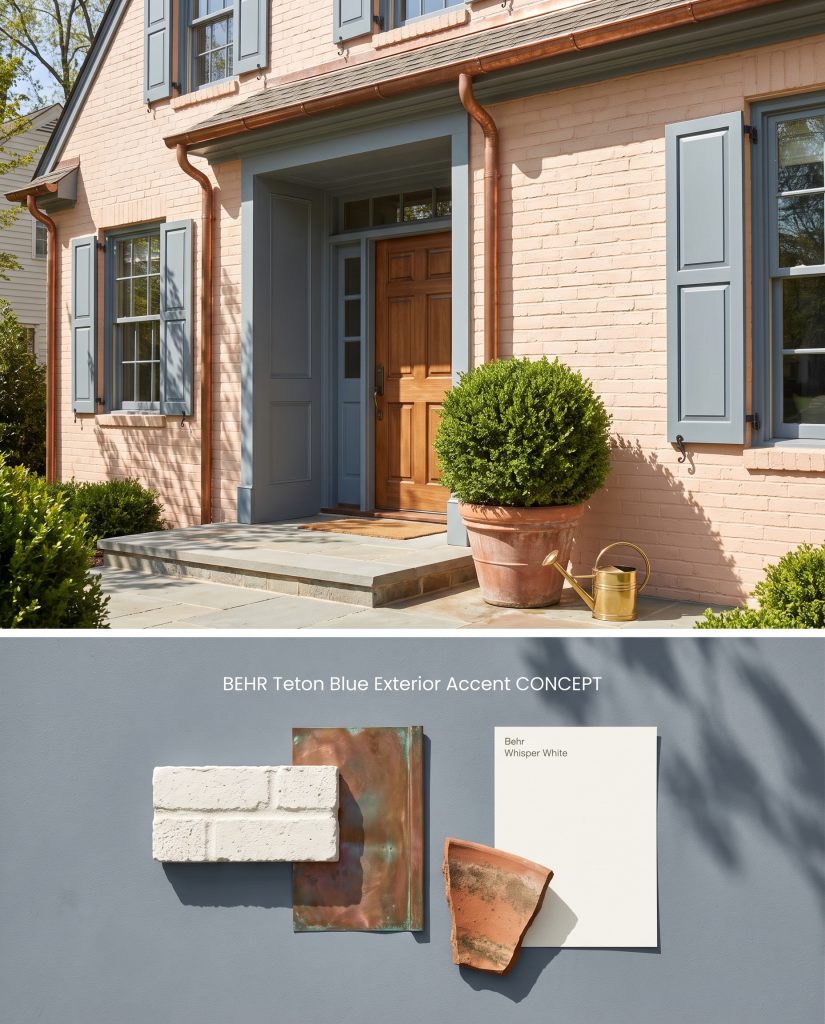 A split conceptual visualization presenting a home exterior with blue shutters above a flat-lay of painted brick, aged copper, and terracotta.