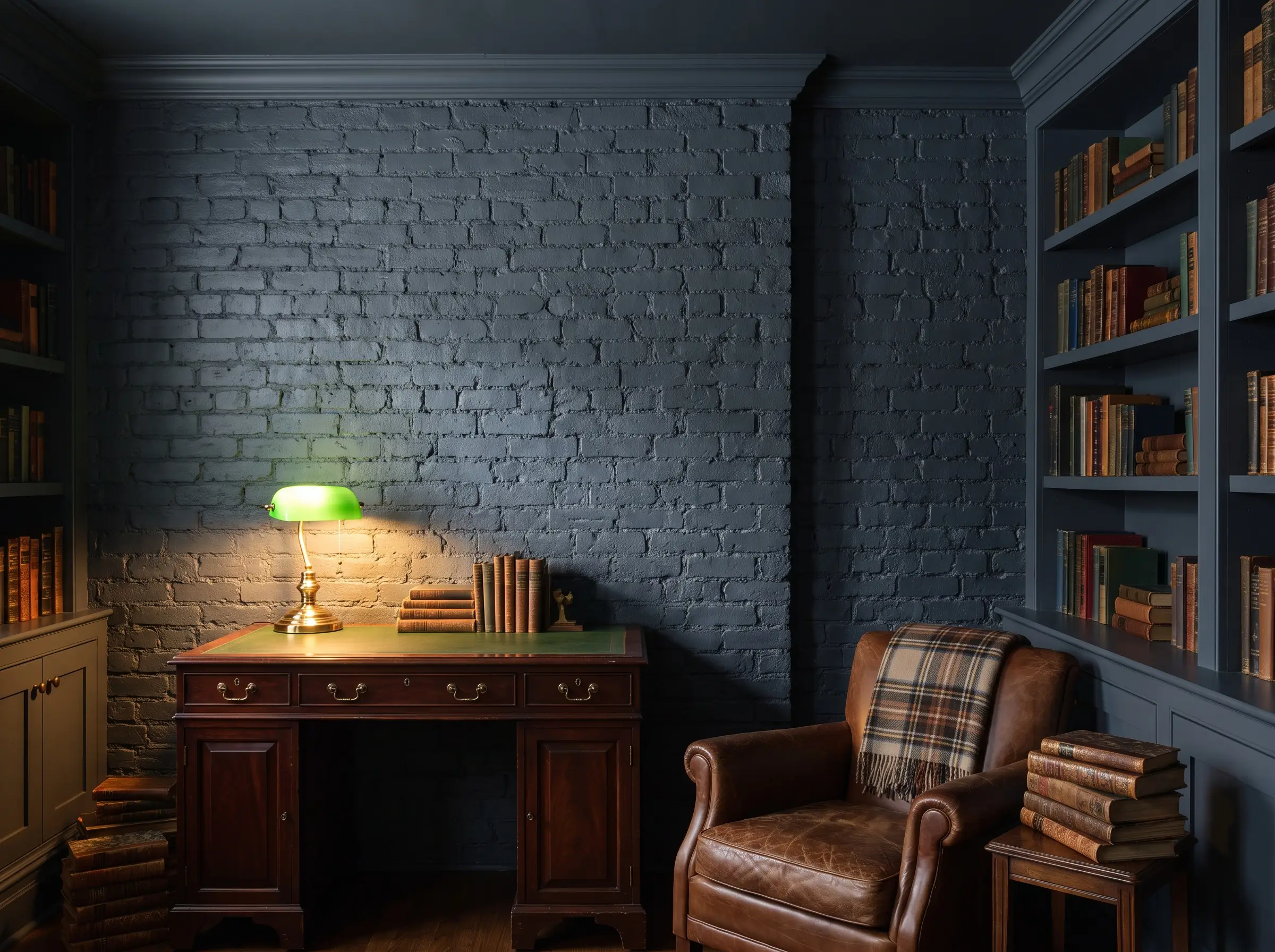 A vintage mahogany writing desk and worn leather armchair sit inside a dark academia study featuring a heavily textured brick accent wall painted Hale Navy.