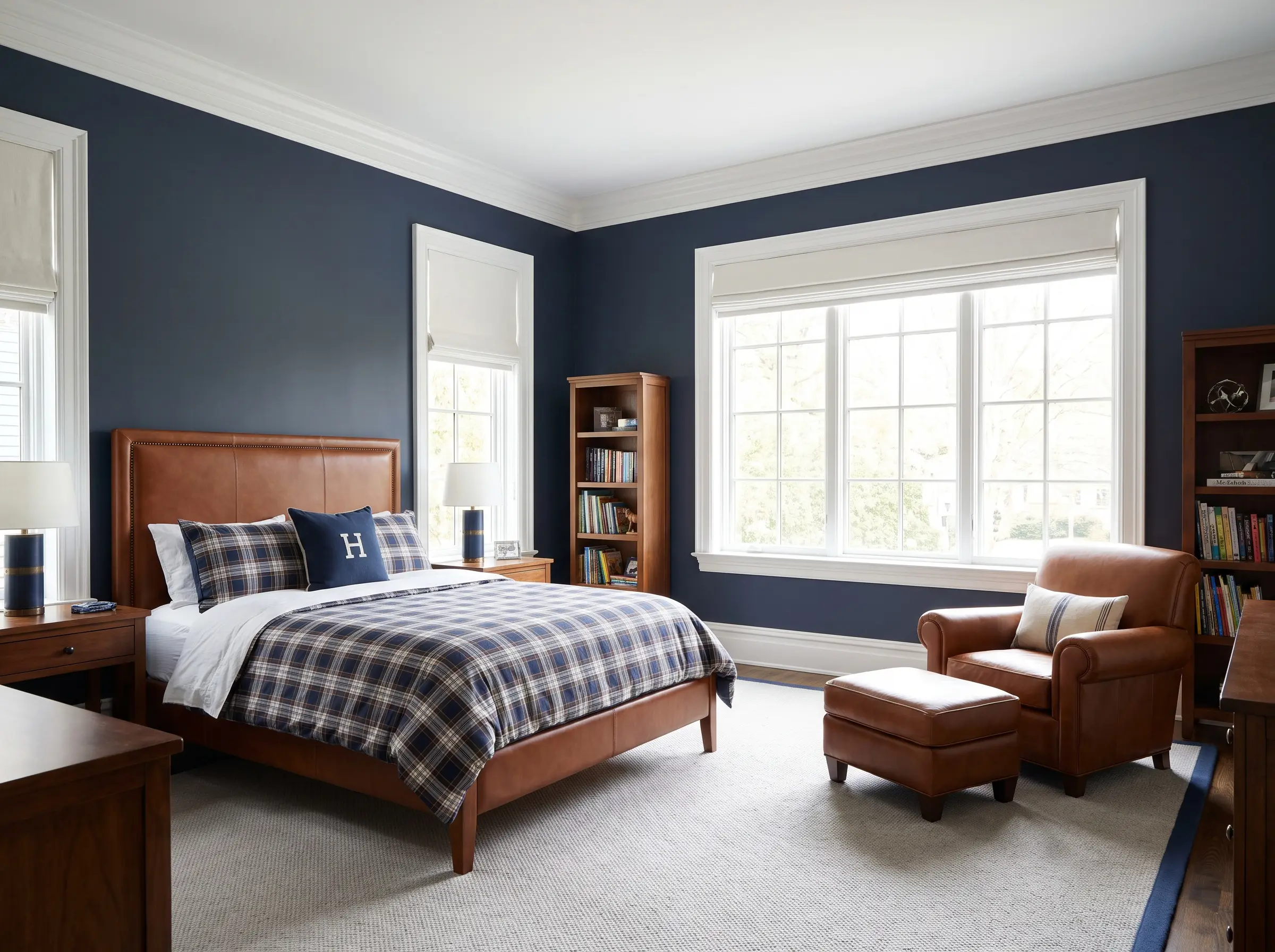 Benjamin Moore Hale Navy paint colors for boys room feature saturated blue walls, crisp white architectural trim, and a handsome saddle leather headboard.